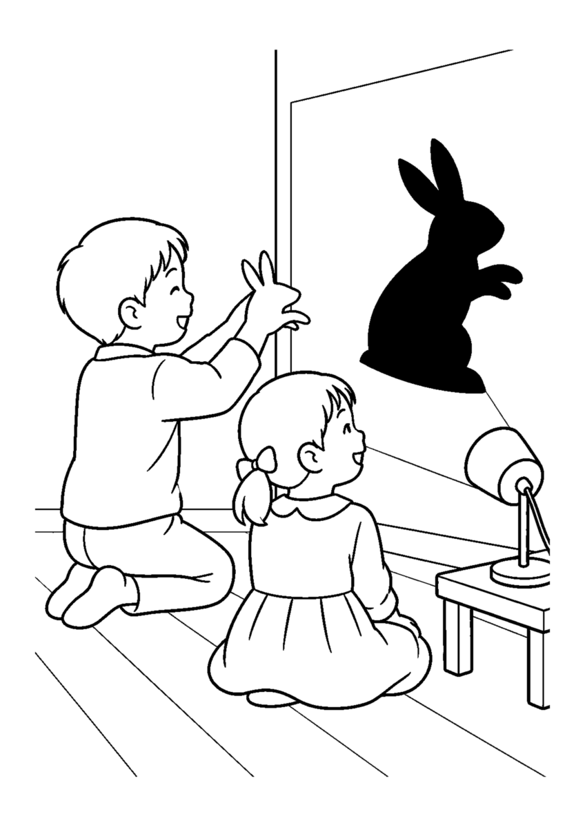 影絵遊びを主役に、晩秋の季節感が伝わる自然な一場面を描いた高齢者向けの白黒塗り絵
