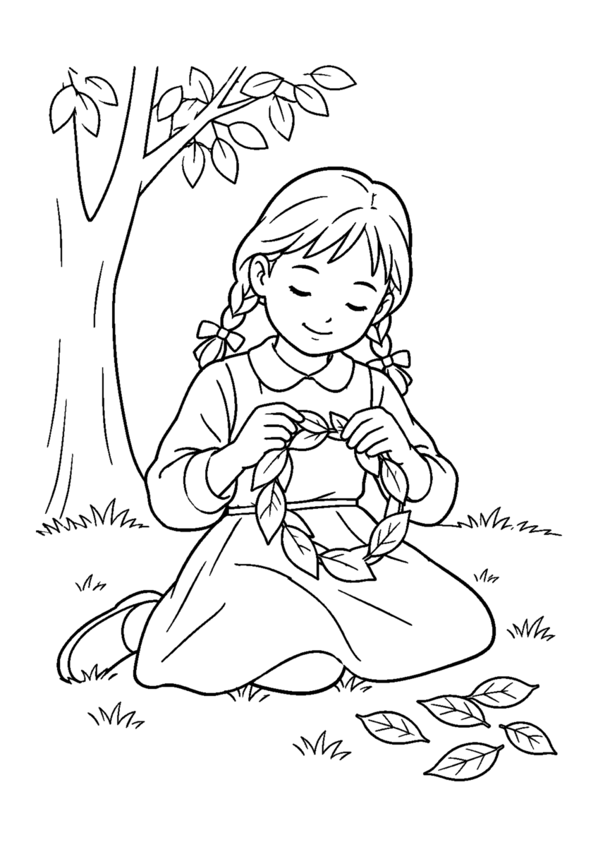 木の葉の冠づくりを主役に、晩秋の季節感が伝わる自然な一場面を描いた高齢者向けの白黒塗り絵