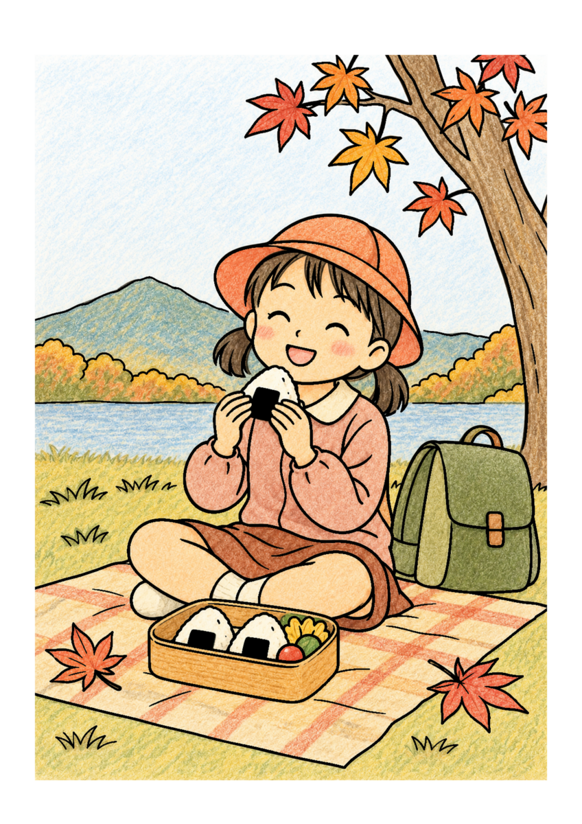 秋の遠足を主役に、晩秋の季節感が伝わる自然な一場面を木や紙、布の自然な色、懐かしさを感じる穏やかな暖色で仕上げた着色見本