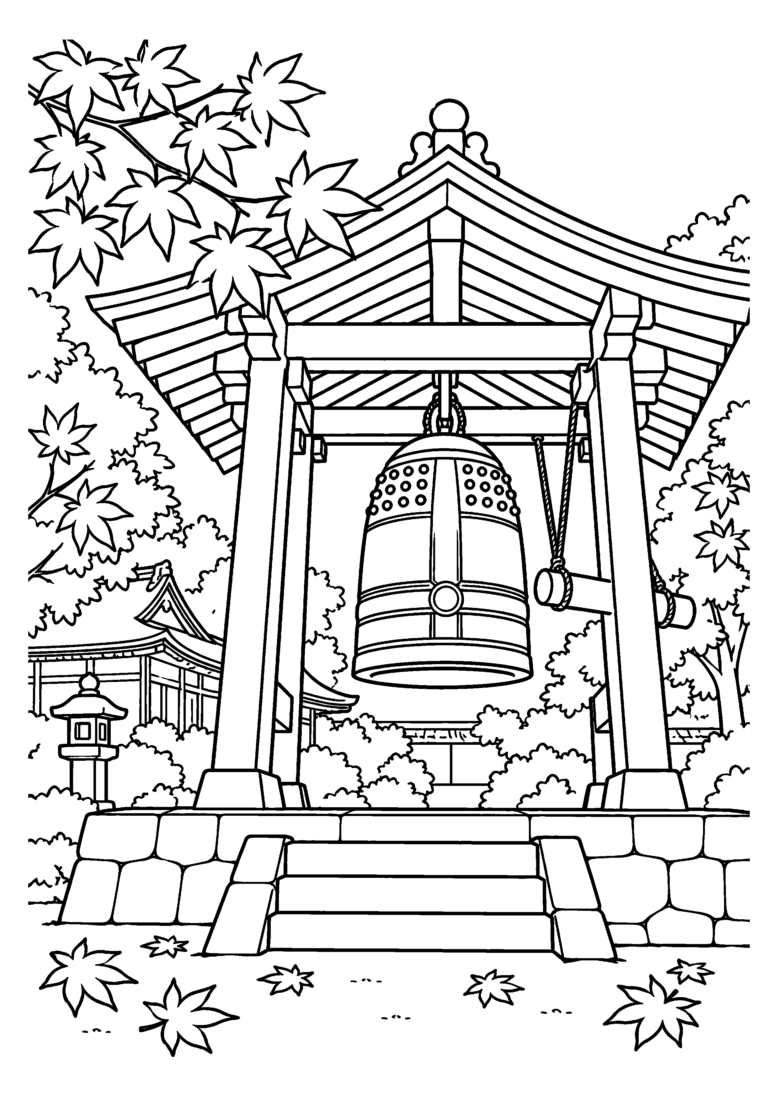 【１１月】紅葉する寺の鐘の塗り絵