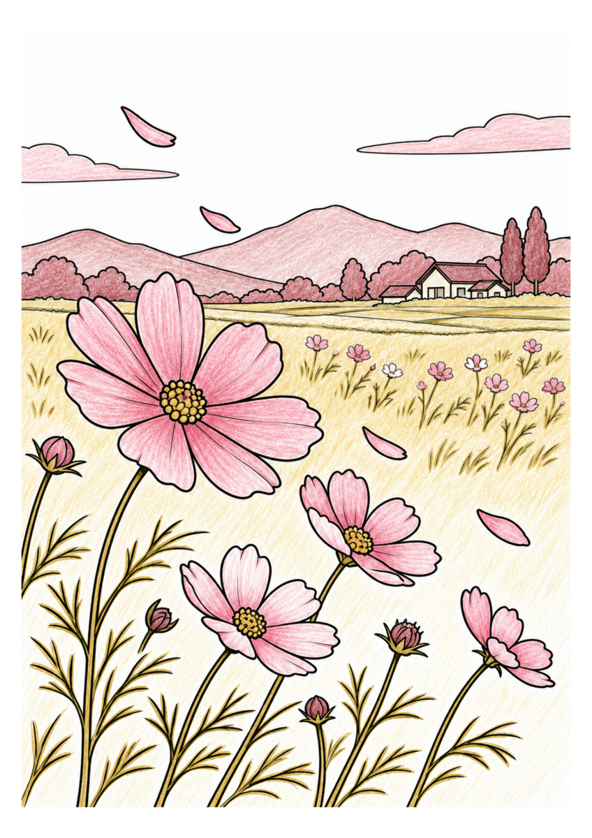 晩秋の風に揺れる少し花数の減った秋桜畑と、遠くの小さな農家を落ち着いた季節の色で仕上げた着色見本