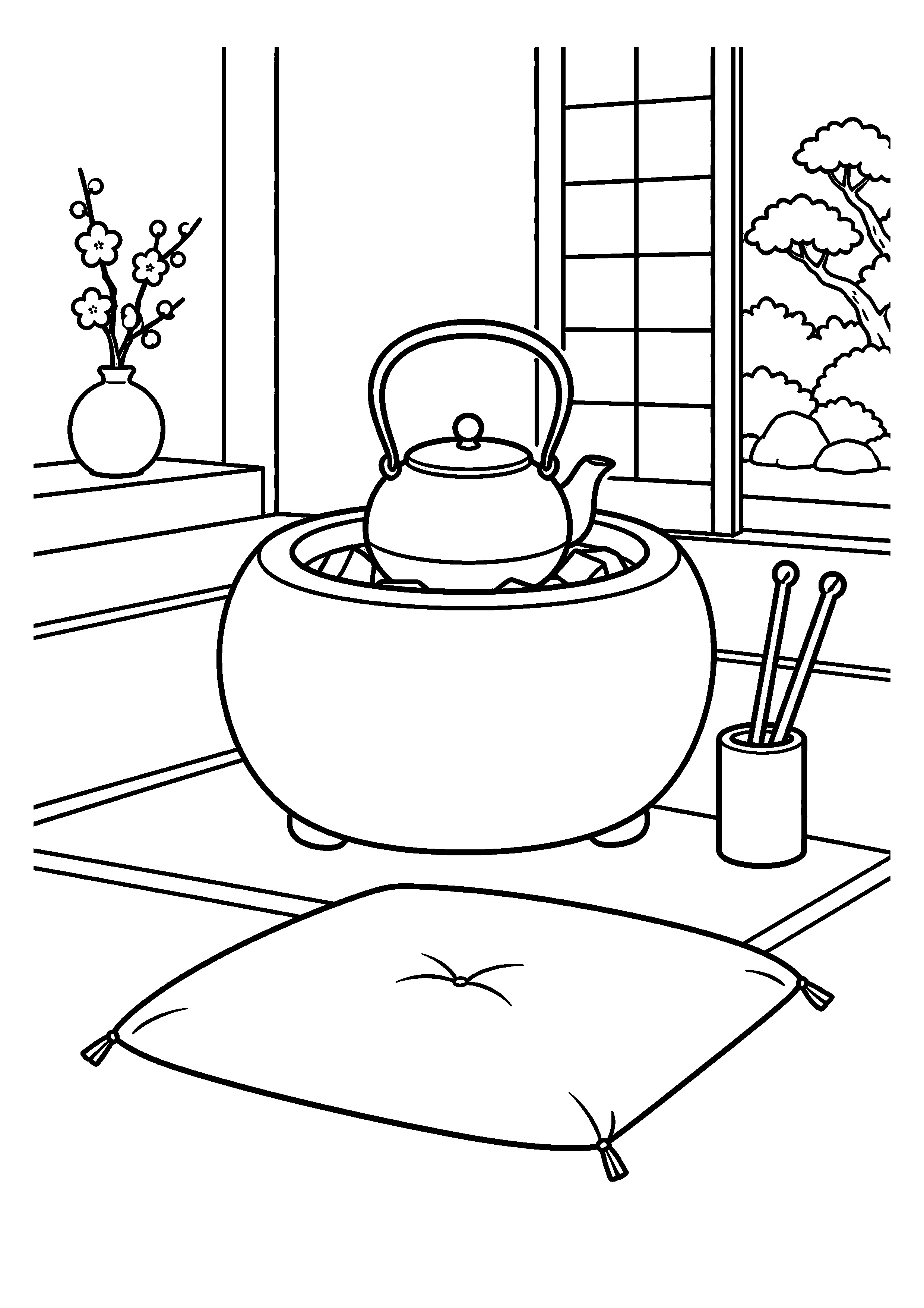 【１１月】火鉢と鉄瓶の塗り絵