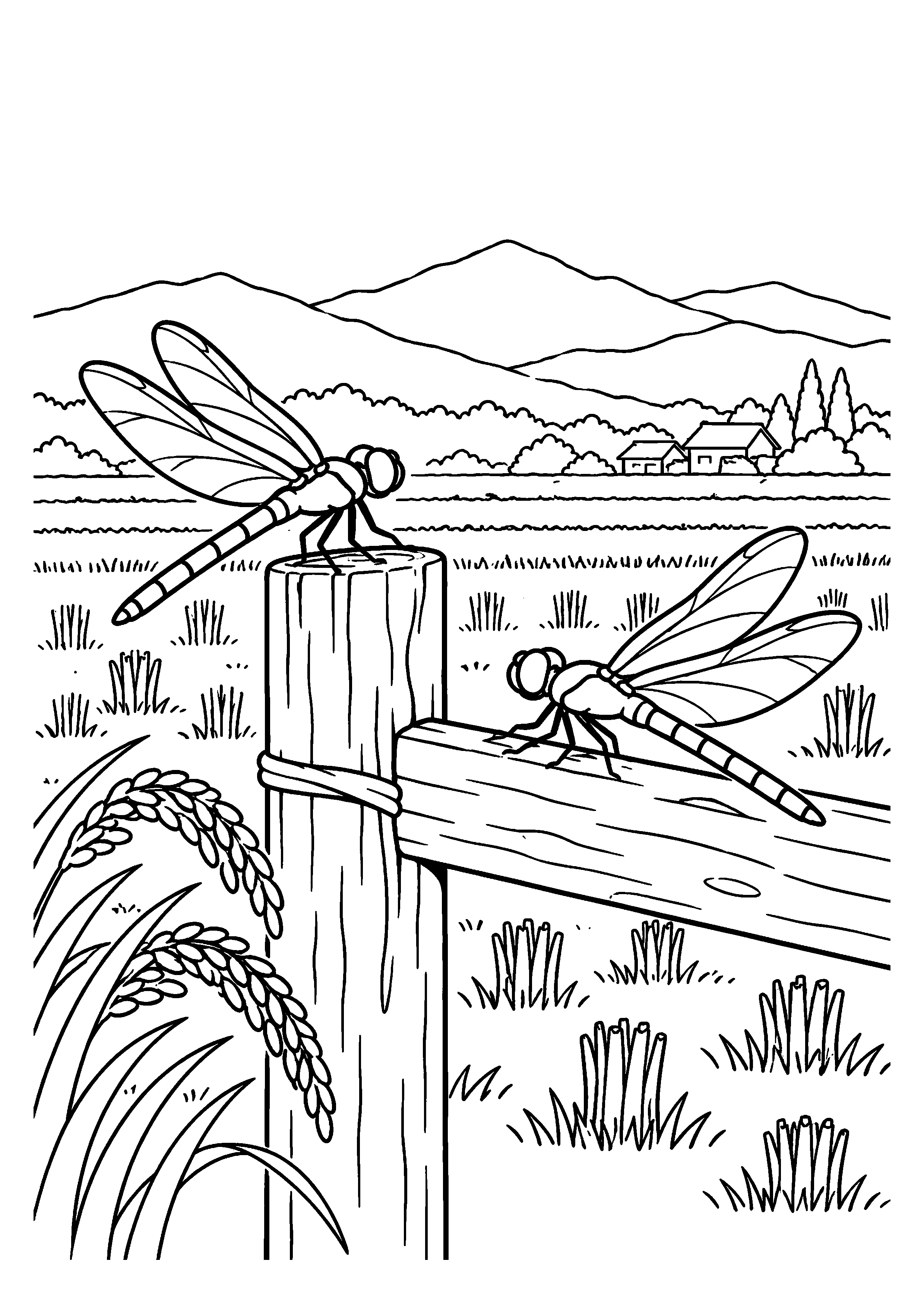 収穫後の田んぼの木柵に止まる大きな赤とんぼ二匹と、遠くの山並みを描いた高齢者向け11月の白黒塗り絵
