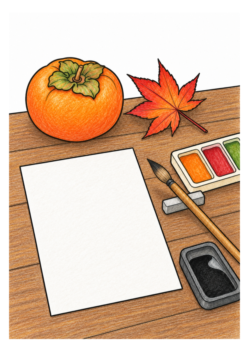 机に置いたはがき、筆、顔彩、硯と、手本になる柿一個と紅葉一枚を落ち着いた季節の色で仕上げた着色見本