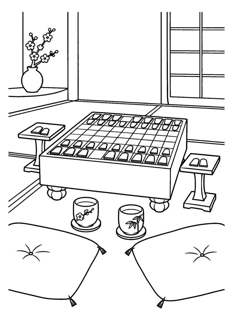 畳の上に置いた大きな将棋盤と駒台、湯飲み二つ、座布団二枚を描いた高齢者向け11月の白黒塗り絵