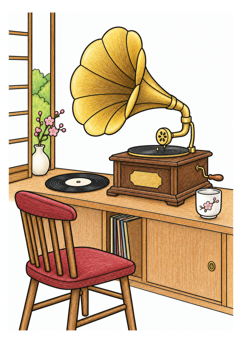 木の棚に置いた大きな蓄音機型レコードプレーヤーと一枚のレコード、椅子、湯飲みを落ち着いた季節の色で仕上げた着色見本