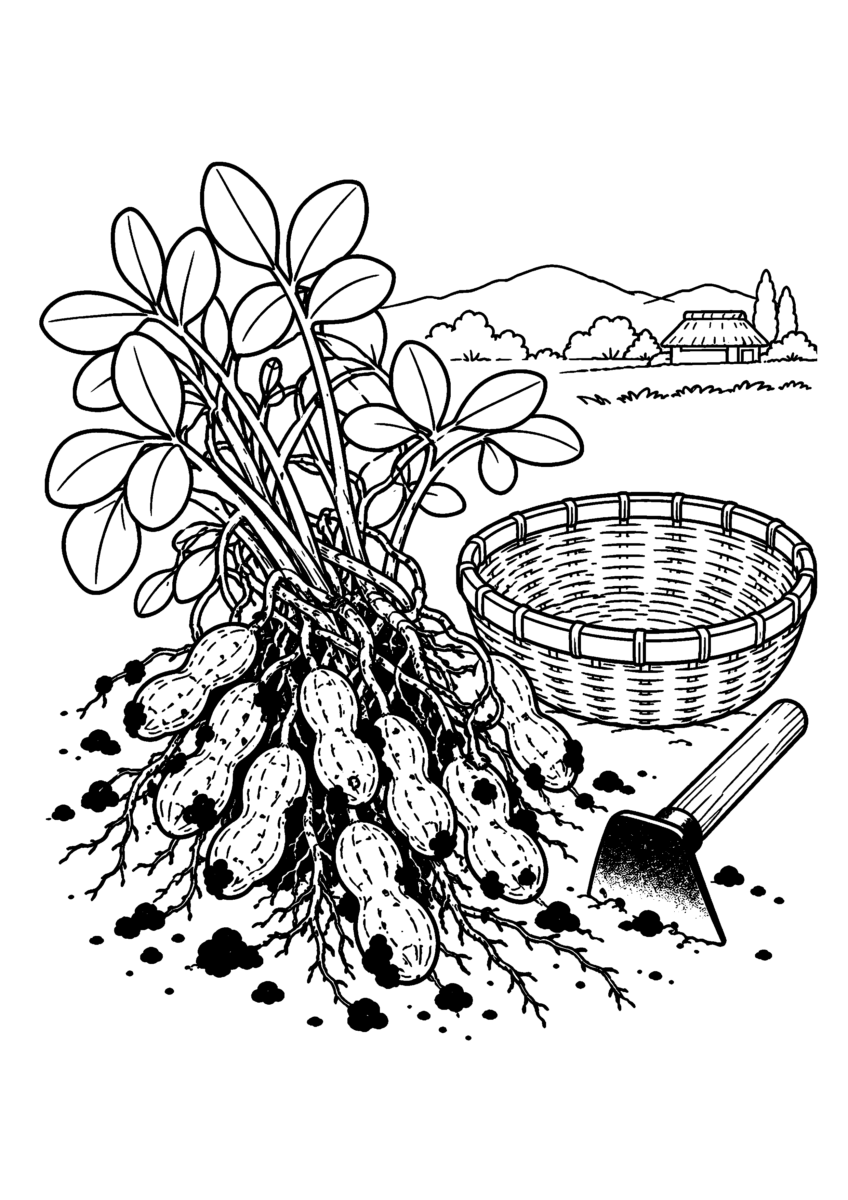 畑から引き抜いた落花生の株に土付きのさやが連なり、横に竹籠と小さな鍬を描いた高齢者向け11月の白黒塗り絵