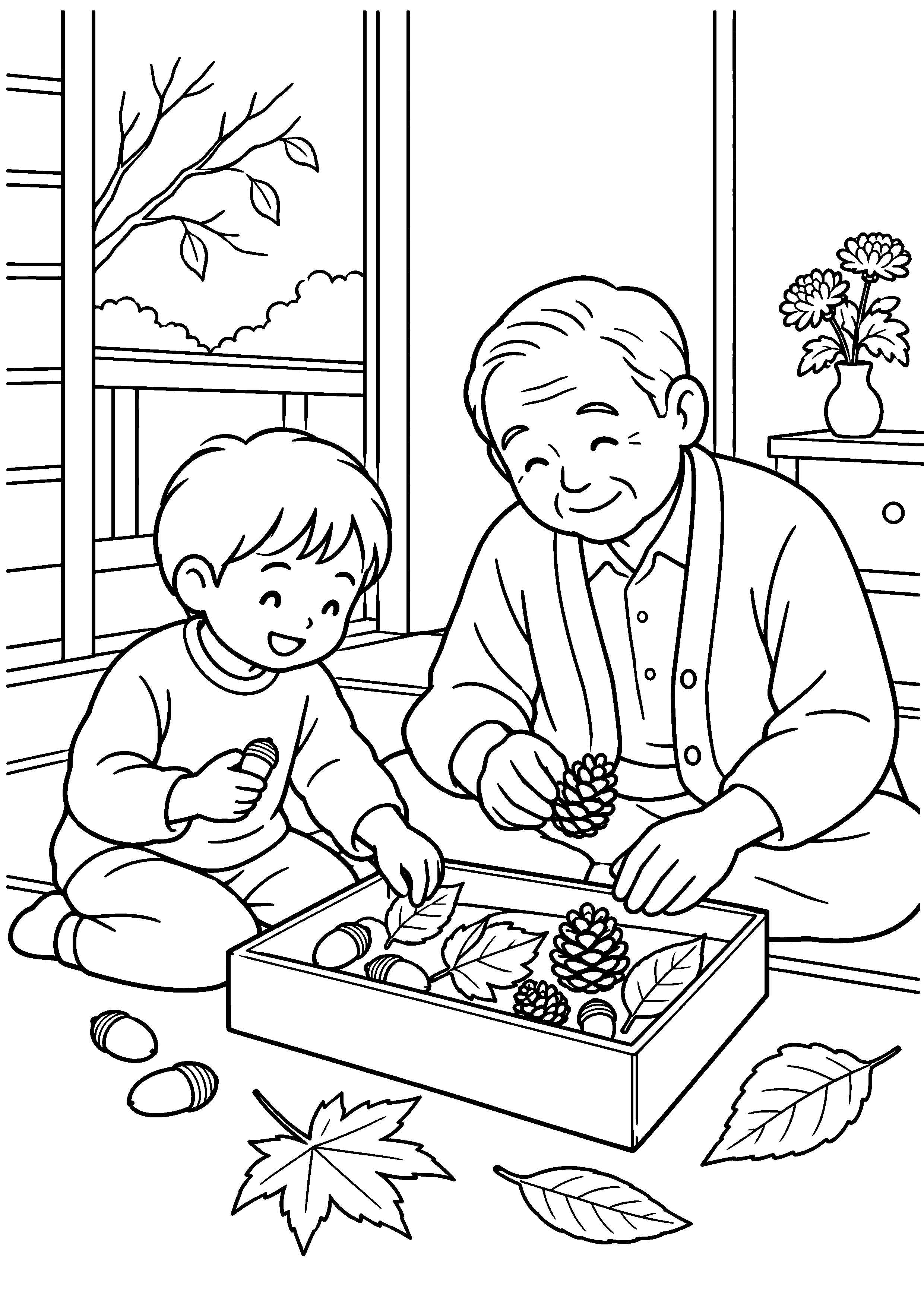 昭和の居間で、子どもと祖父が小箱にどんぐり、松ぼっくり、きれいな葉を大切に並べている様子を、太く見やすい黒線で描いた高齢者向け塗り絵