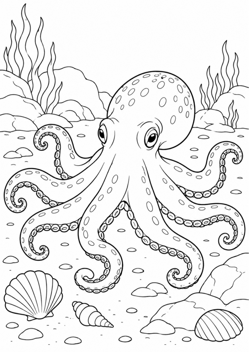 海底を歩くタコを描いた高齢者向けの白黒線画塗り絵
