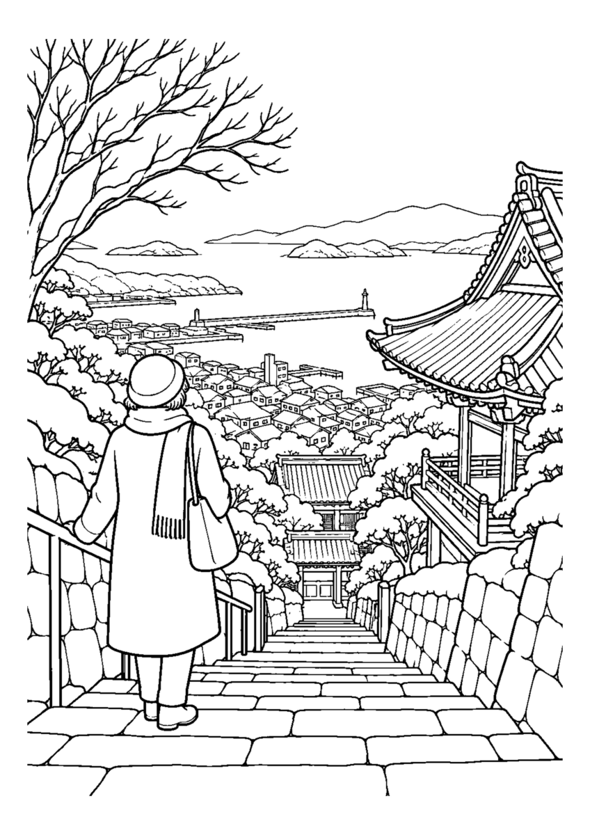 石段と寺の屋根、港を遠望する人物。白黒の高齢者向け塗り絵