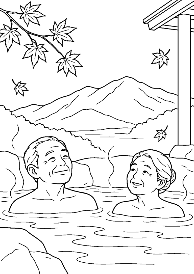 湯気の立つ露天風呂から紅葉の山を眺める高齢者向けの白黒塗り絵