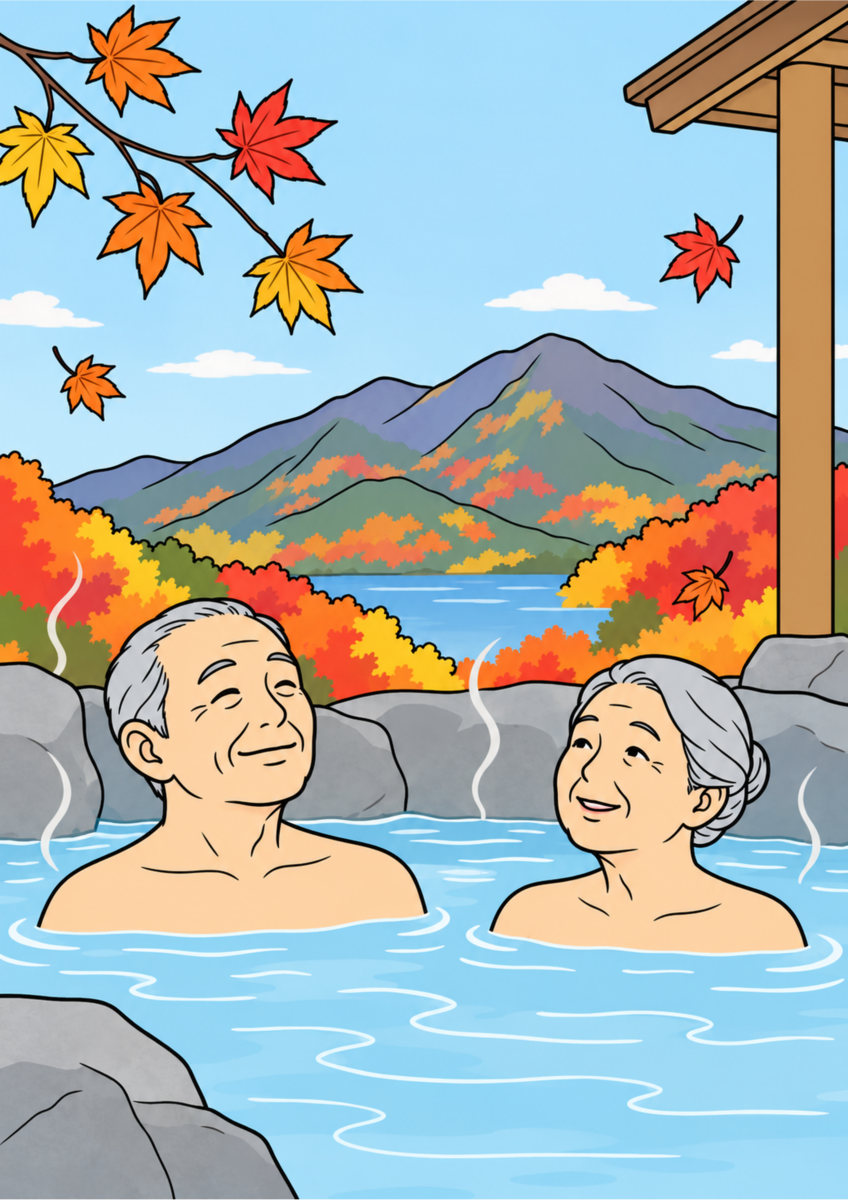 白黒塗り絵と同じ構図の紅葉の露天風呂を自然な色で塗った着色見本