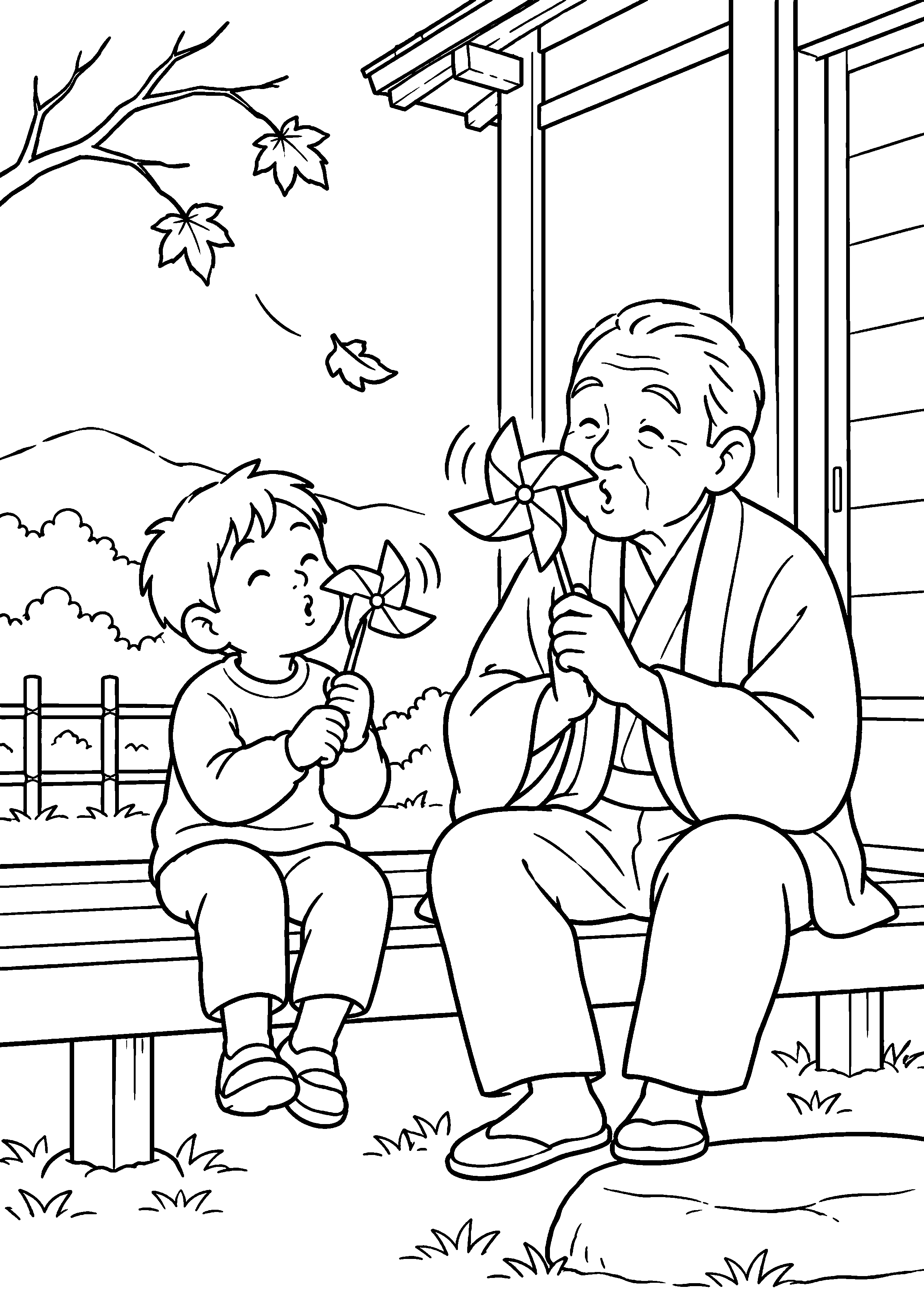 晩秋の縁側で、祖父と子どもが折り紙で作った風車を息で回している様子を、太く見やすい黒線で描いた高齢者向け塗り絵