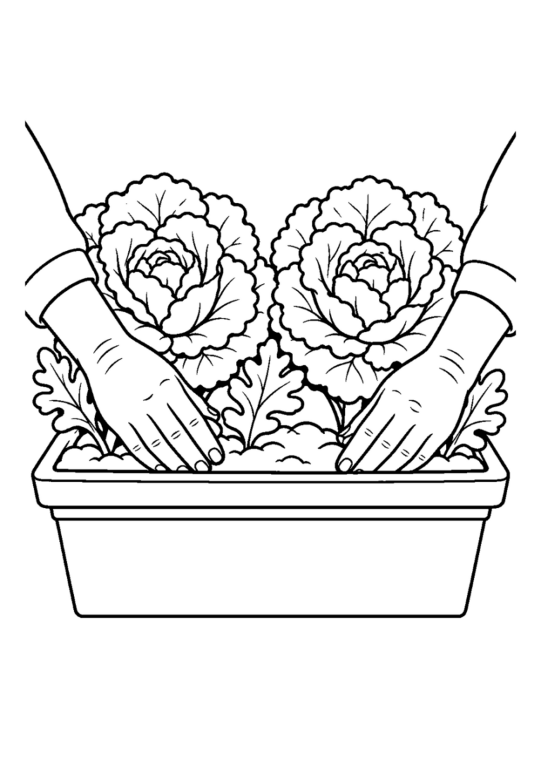 大きな葉牡丹２株と縁取りの銀葉を長方形鉢に植える。葉を大きく簡略化。白黒の高齢者向け塗り絵