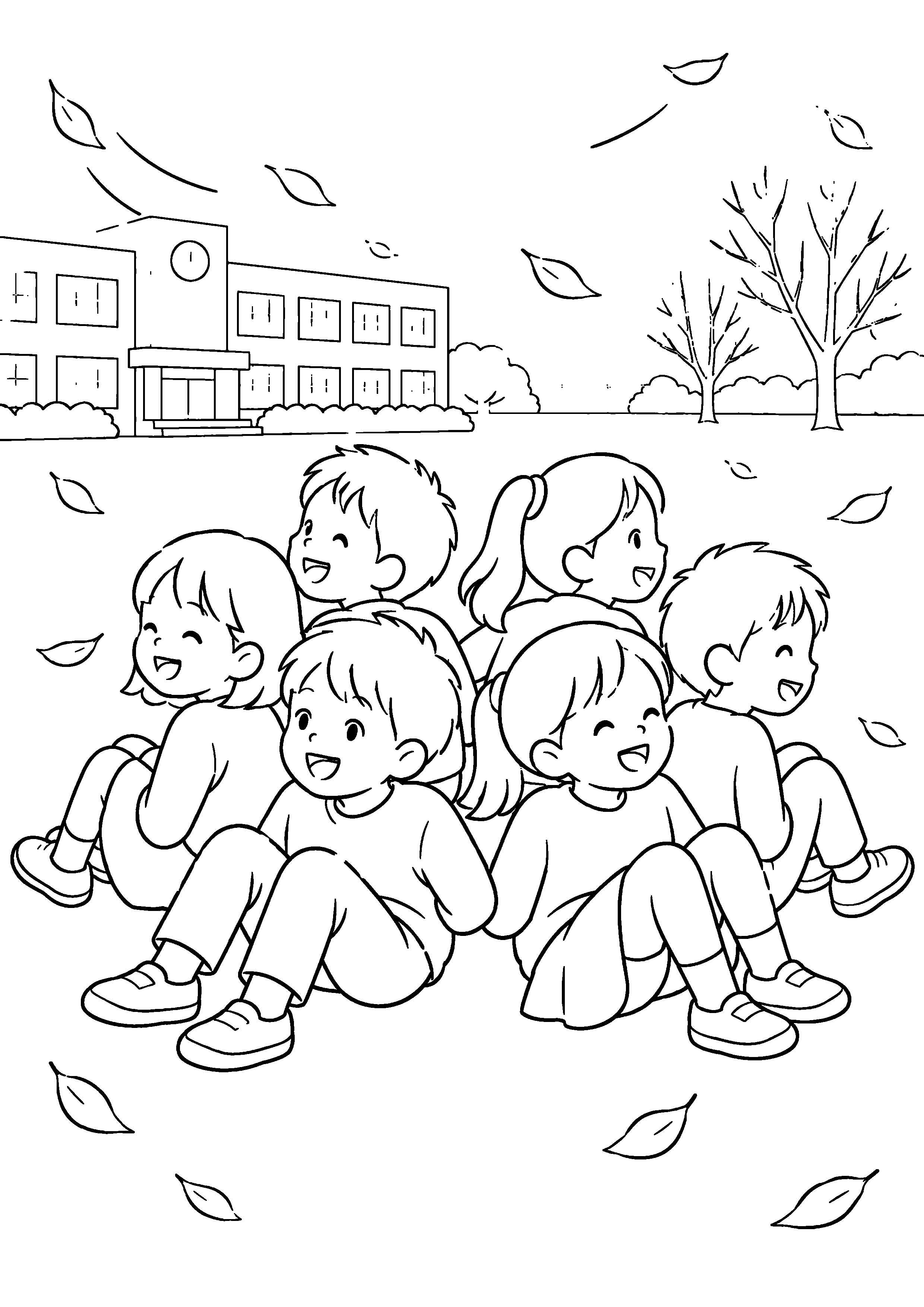 木枯らしの吹く昭和の校庭で、長袖姿の子どもたちが背中を合わせて輪になっている様子を、太く見やすい黒線で描いた高齢者向け塗り絵