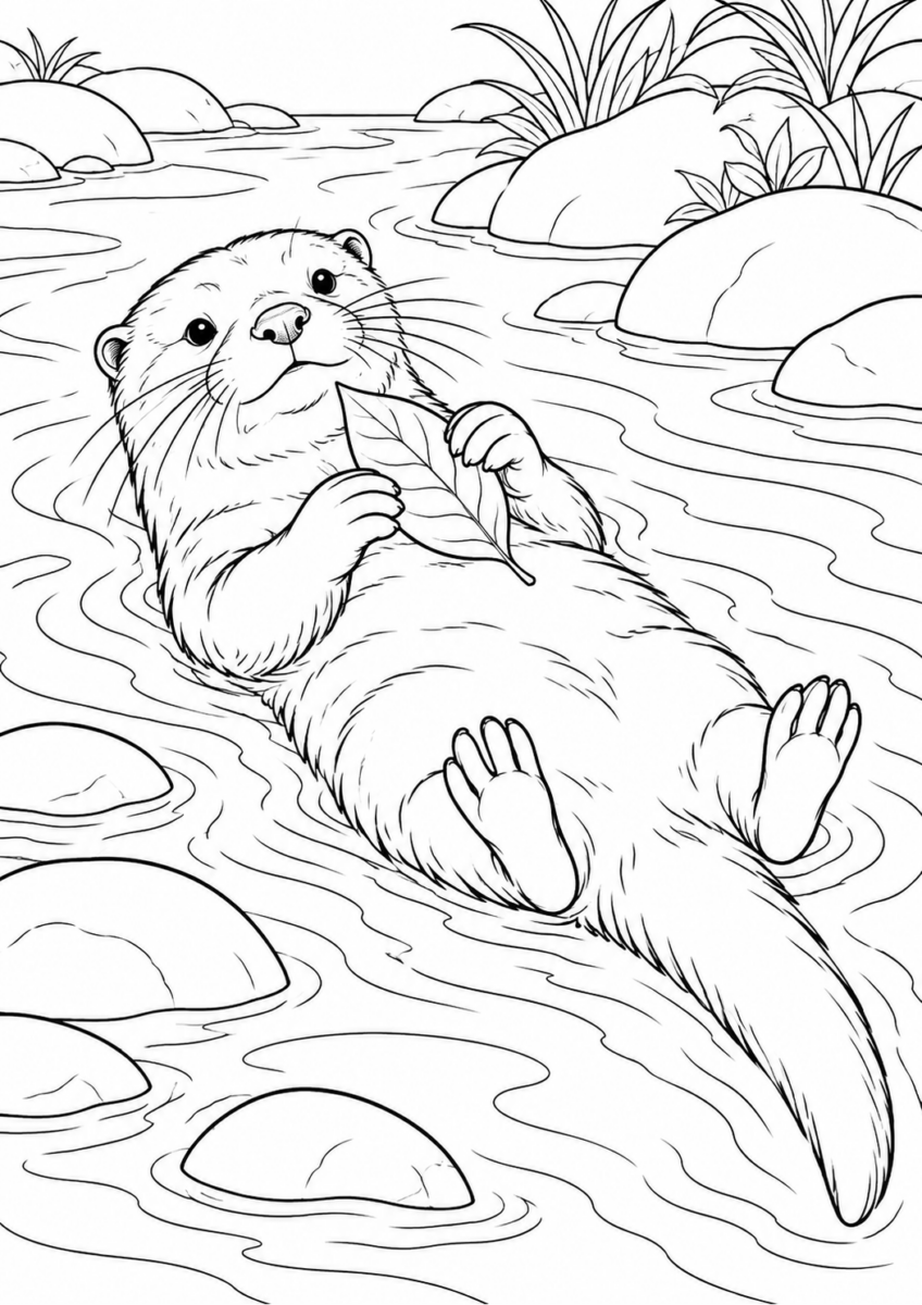 川で遊ぶカワウソを描いた高齢者向けの白黒線画塗り絵