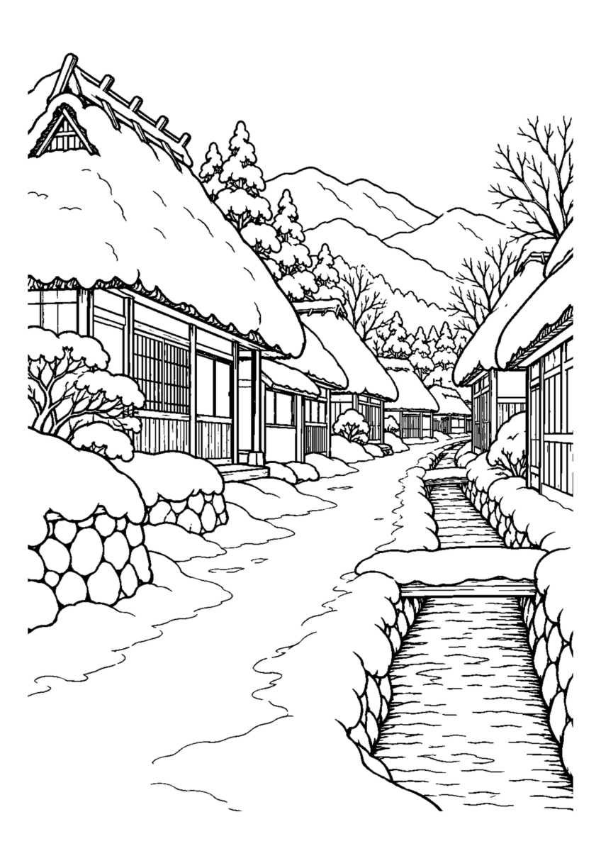 茅葺き家屋が並ぶ雪道と用水。白黒の高齢者向け塗り絵