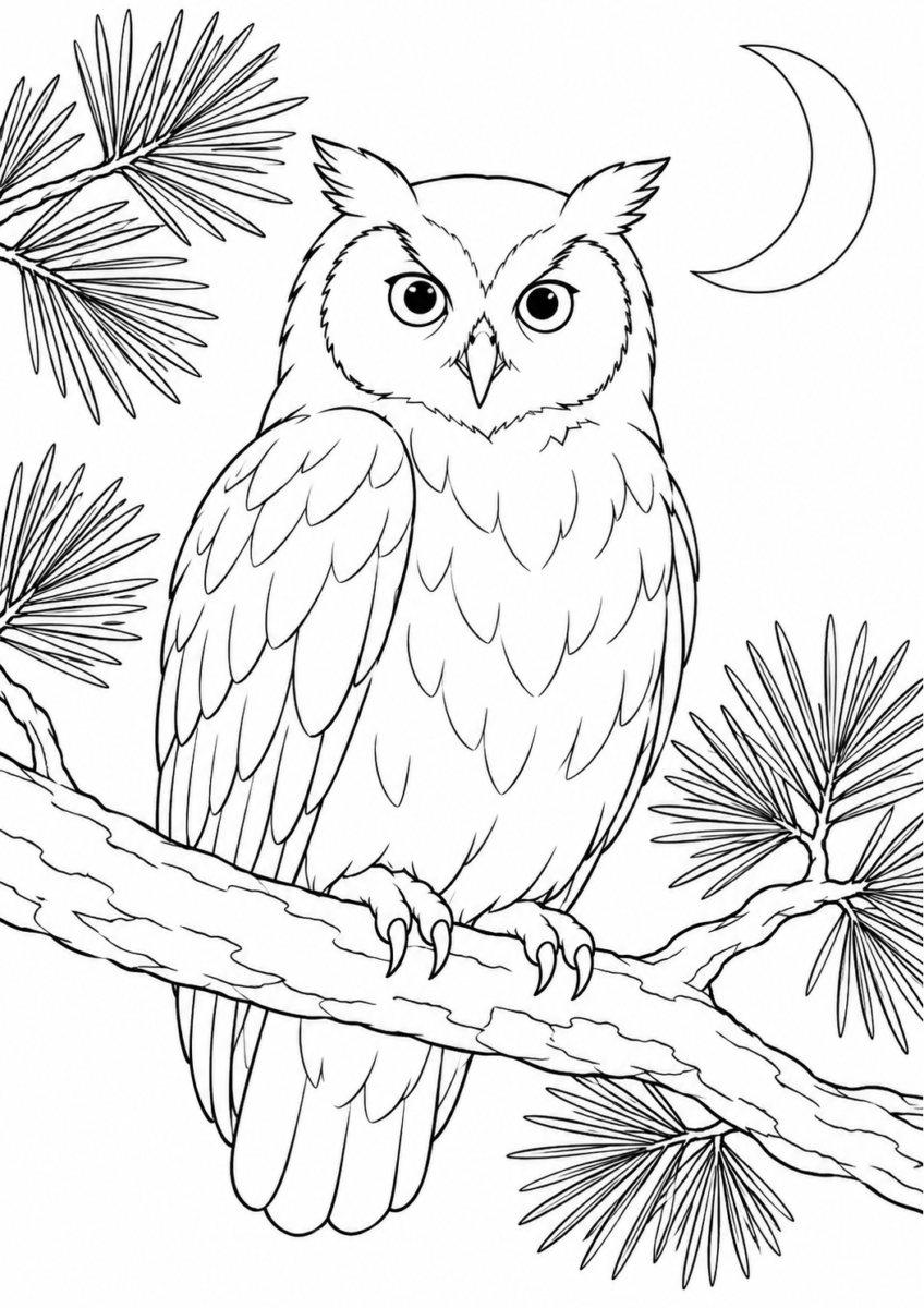 松の枝のフクロウを描いた高齢者向けの白黒線画塗り絵