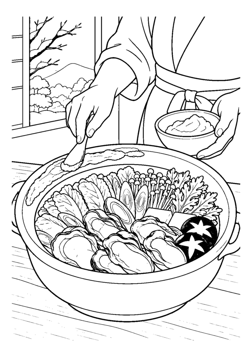 【１２月】牡蠣の土手鍋の塗り絵