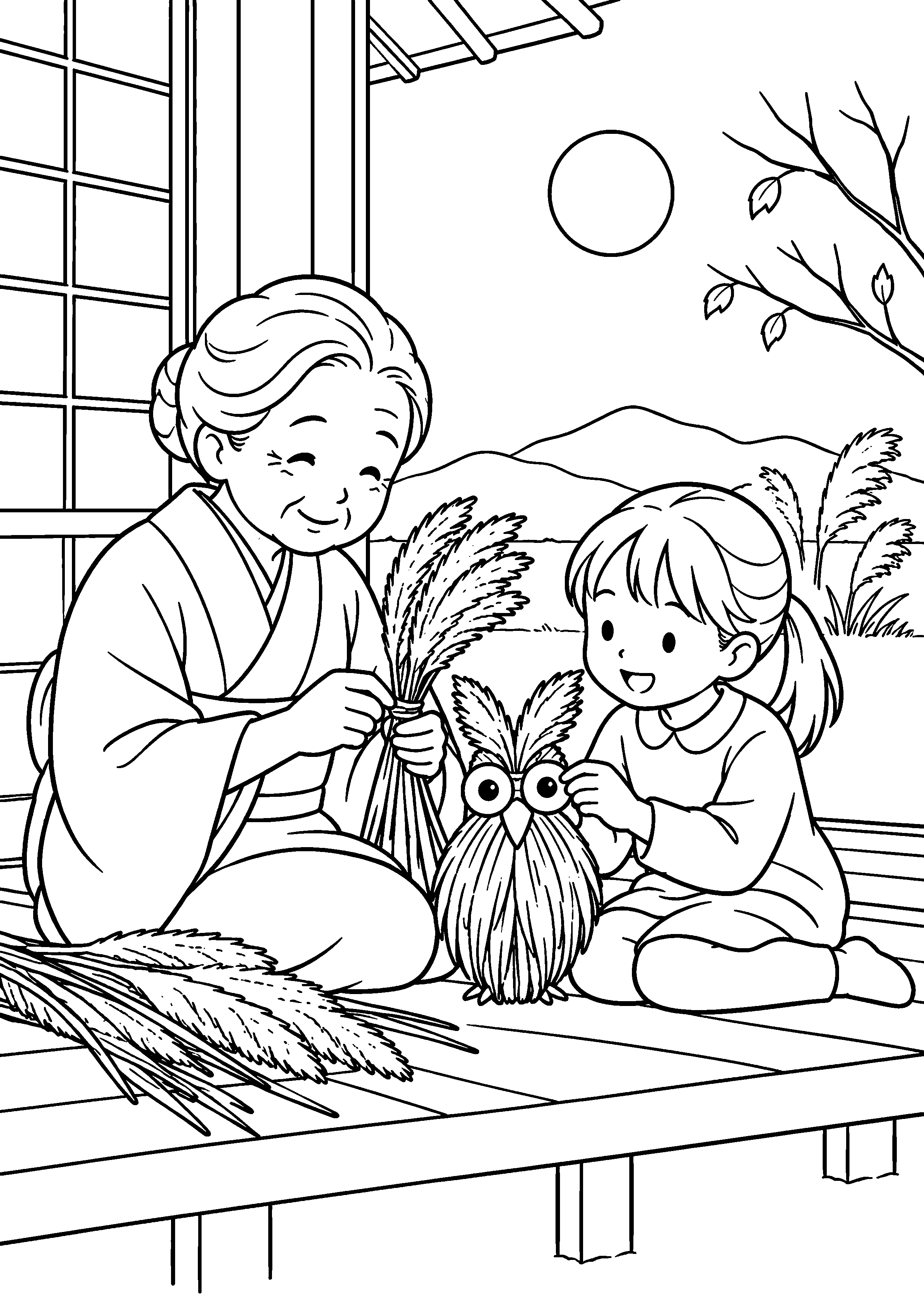 昭和の縁側で、祖母と孫がすすきの穂を束ね、丸い目をつけてふくろうを作っている様子を、太く見やすい黒線で描いた高齢者向け塗り絵