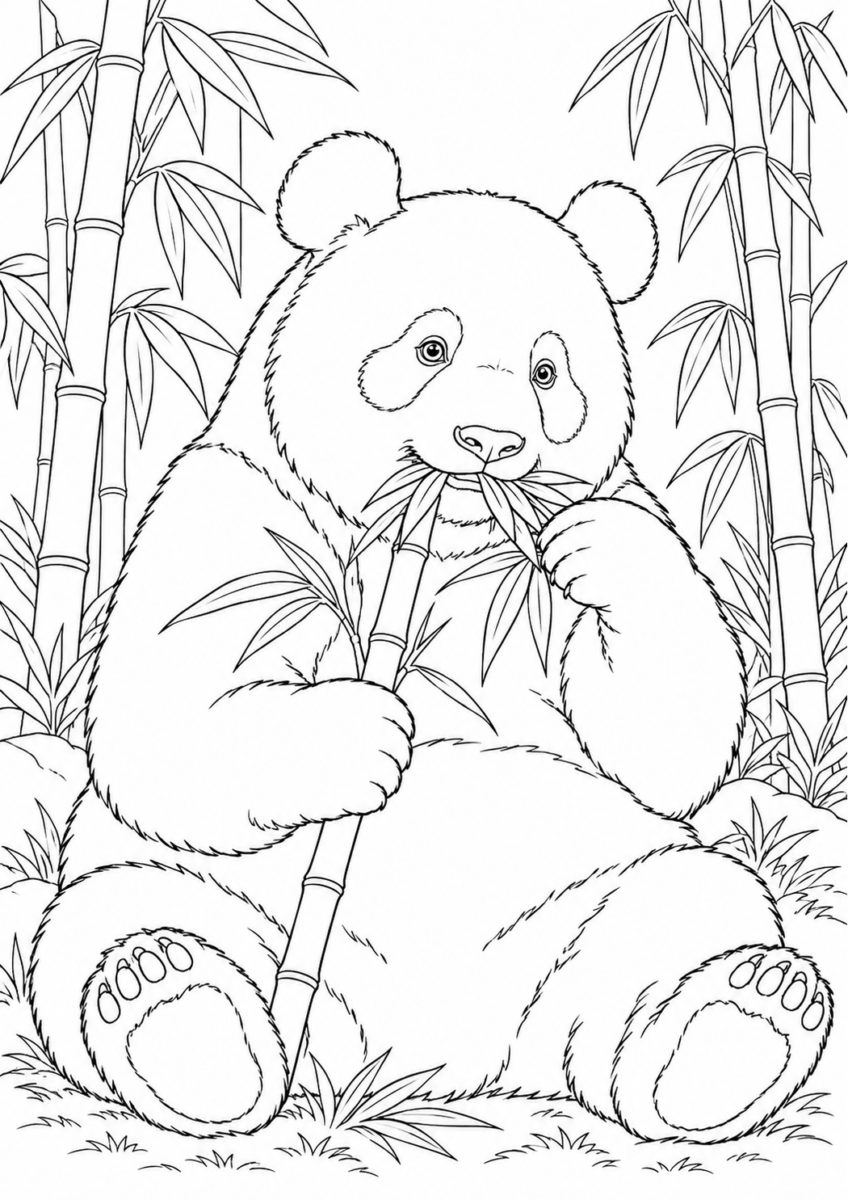 竹を食べるパンダを描いた高齢者向けの白黒線画塗り絵