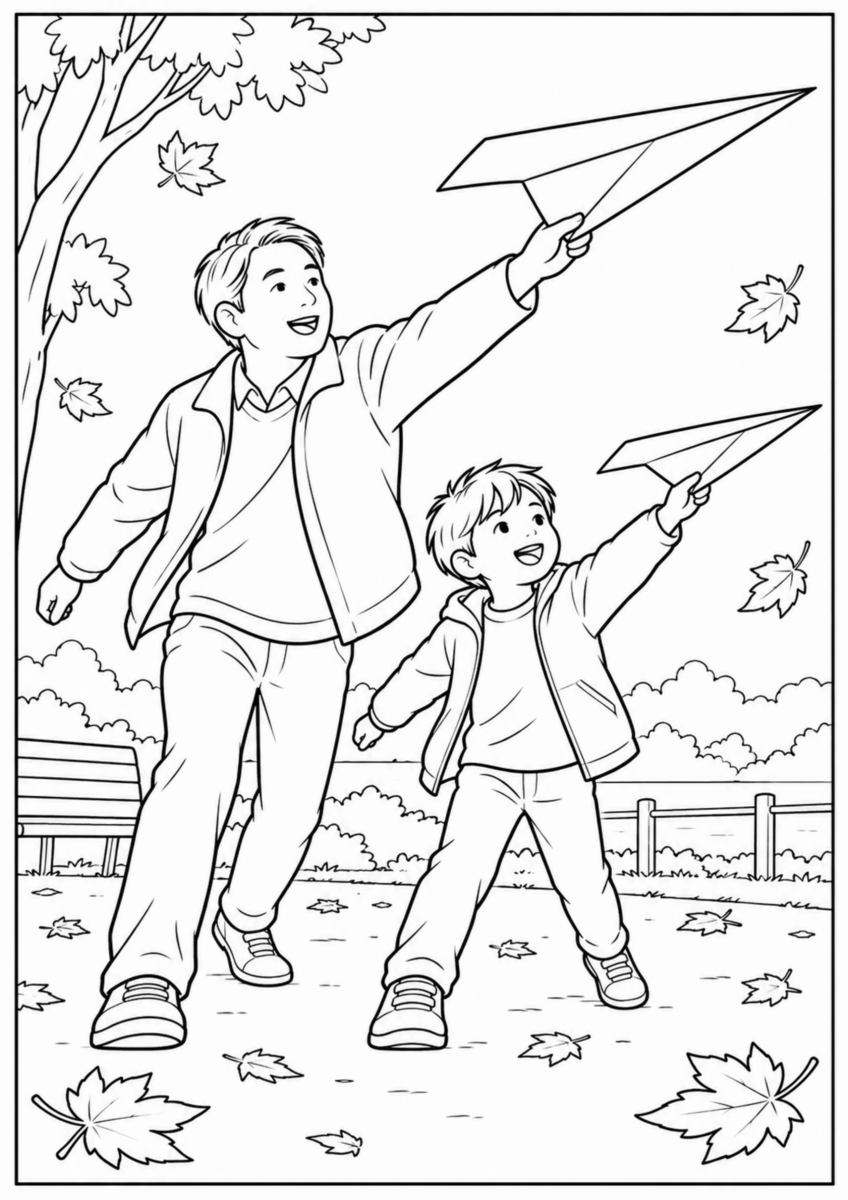 落ち葉のある公園で、父親と子どもが大きな紙飛行機を一機ずつ飛ばしている様子を、太く見やすい黒線で描いた高齢者向け塗り絵