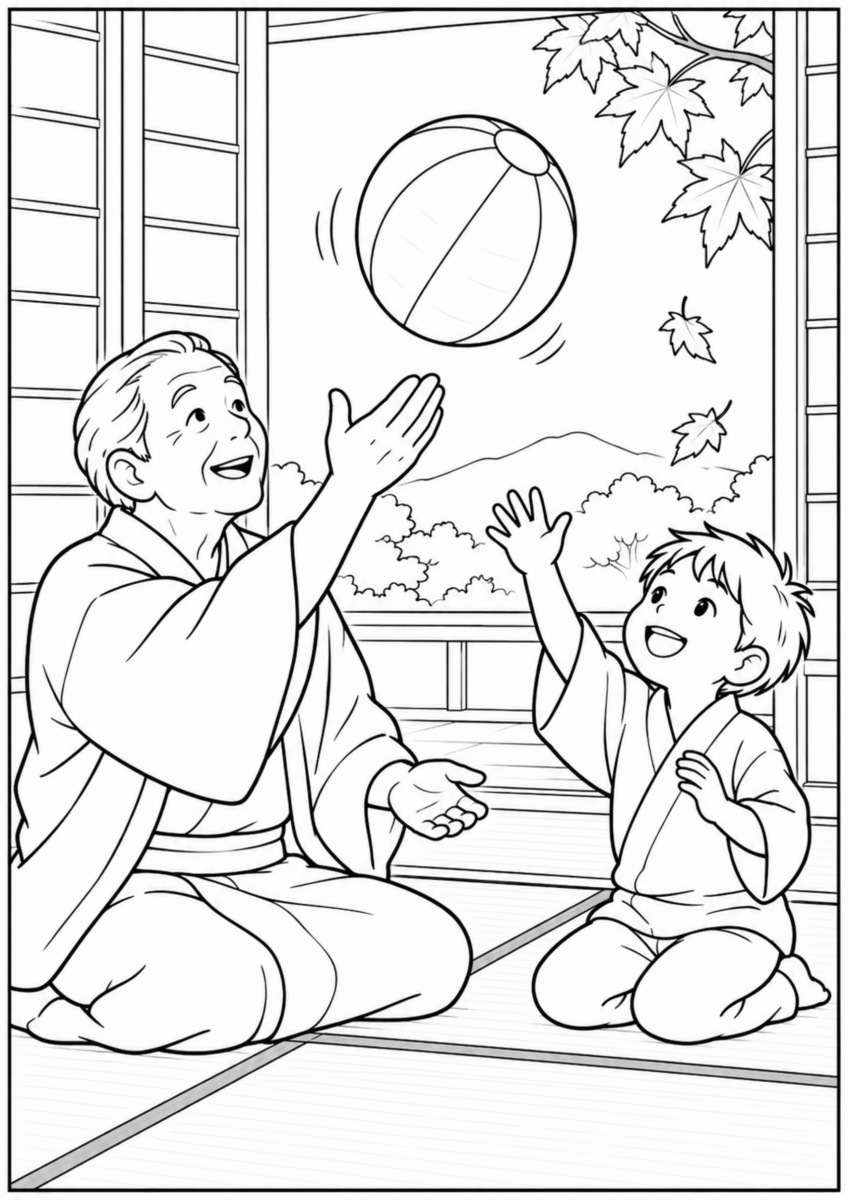 畳の部屋で、祖父と孫が大きな紙風船を手のひらでそっと打ち上げている様子を、太く見やすい黒線で描いた高齢者向け塗り絵