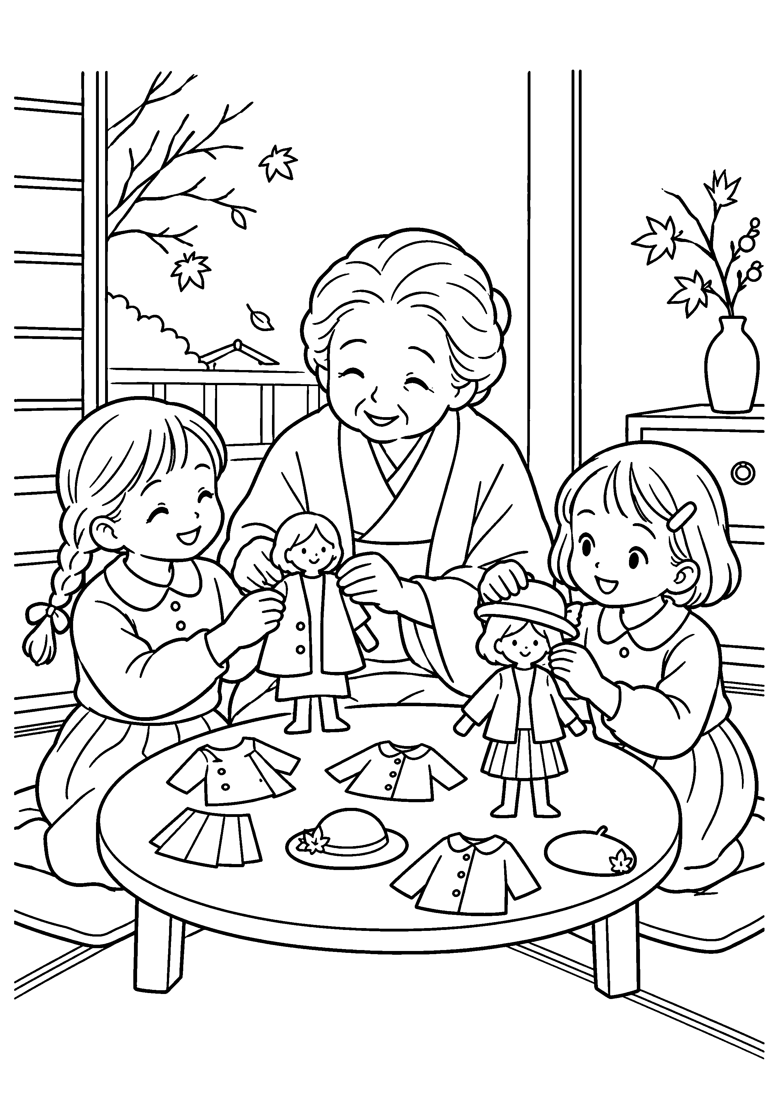 昭和の居間で、姉妹と祖母が紙の人形に秋の上着や帽子を着せ替えて遊んでいる様子を、太く見やすい黒線で描いた高齢者向け塗り絵