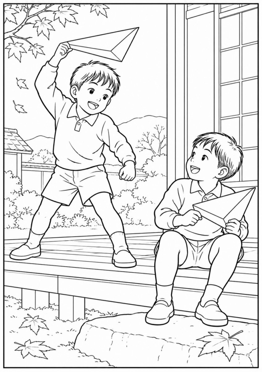 縁側で、二人の子どもが折った大きな紙鉄砲を持ち、一人が腕を振り下ろそうとしている様子を、太く見やすい黒線で描いた高齢者向け塗り絵