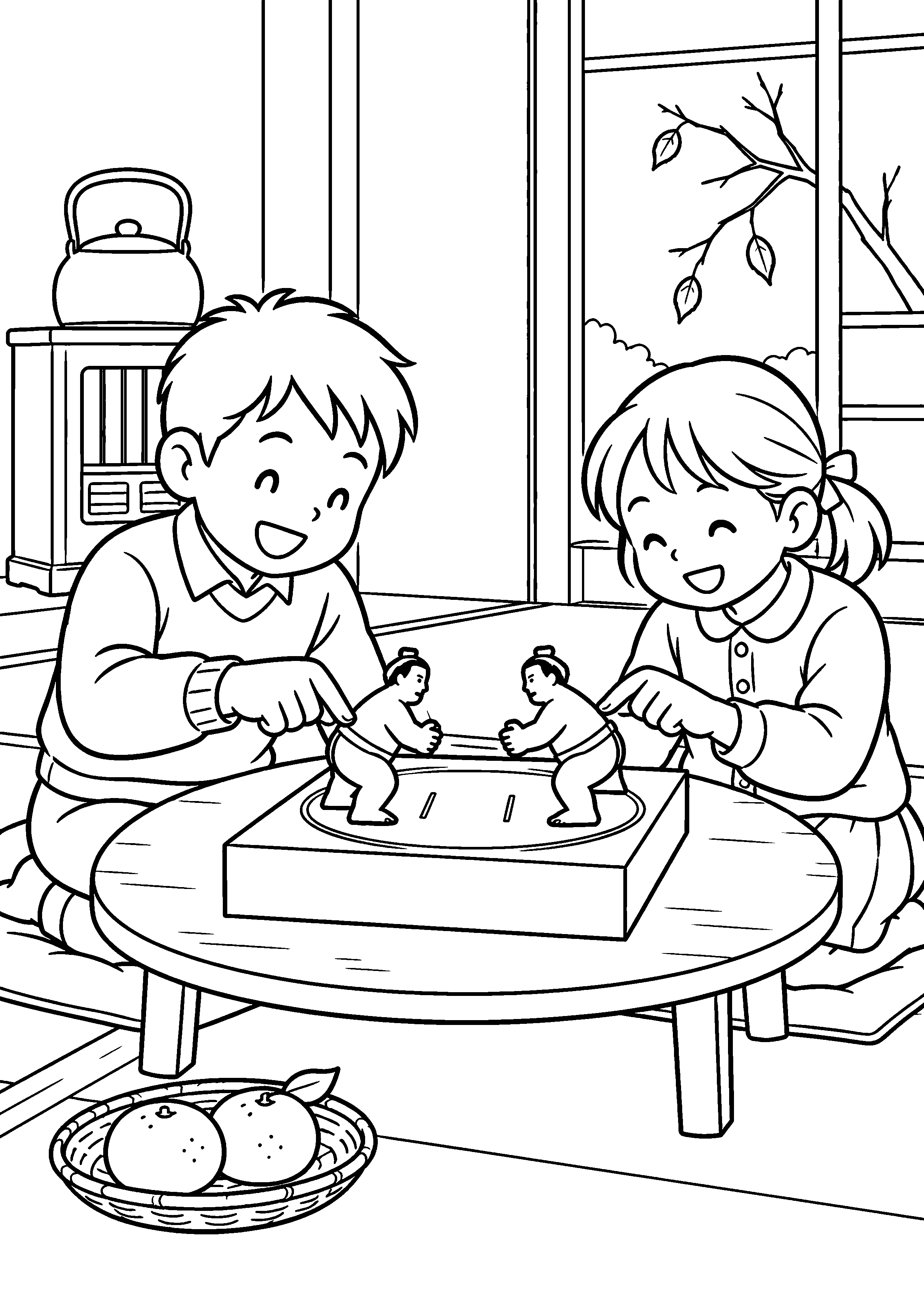 昭和の居間で、兄妹が菓子箱の土俵を指でたたき、紙の力士を対戦させている様子を、太く見やすい黒線で描いた高齢者向け塗り絵