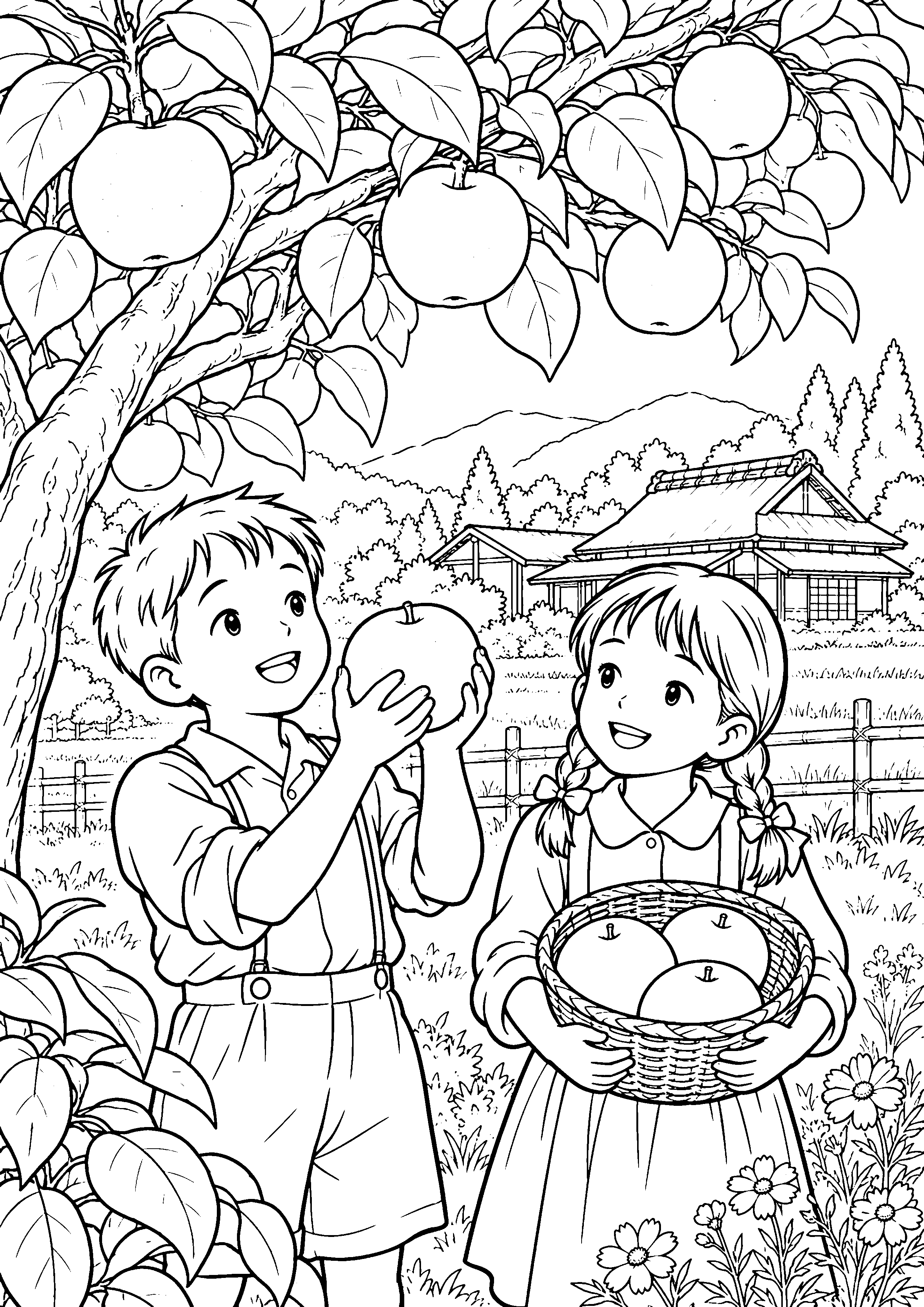 秋の果樹園で丸い梨を収穫する子どもたちの白黒塗り絵