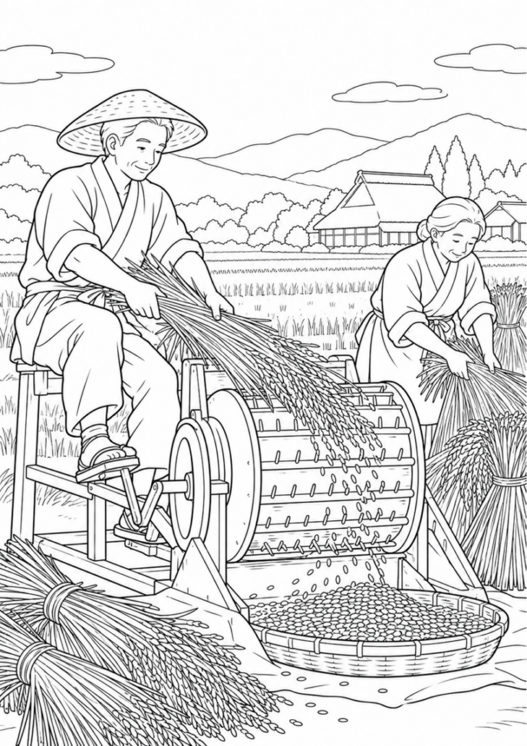 足踏み脱穀機を10月の場面として描いた高齢者向けの白黒線画塗り絵