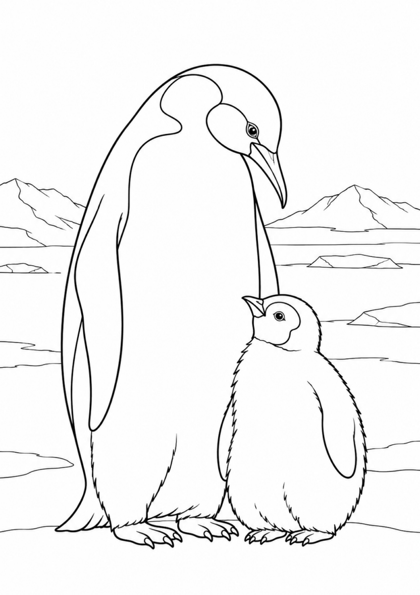 氷の上のペンギン親子を描いた高齢者向けの白黒線画塗り絵