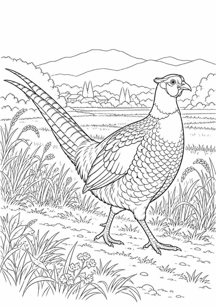 田園を歩くキジを描いた高齢者向けの白黒線画塗り絵