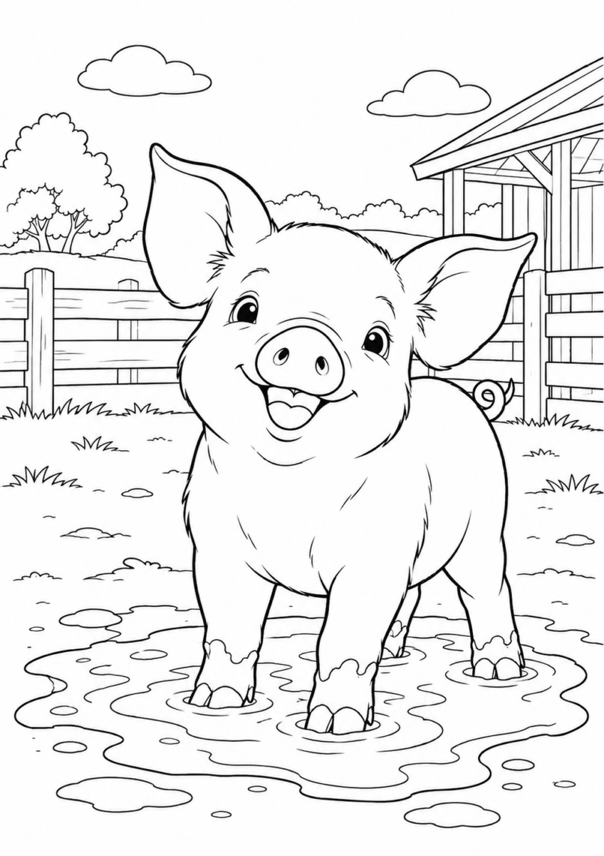 泥浴びを楽しむ子豚を描いた高齢者向けの白黒線画塗り絵