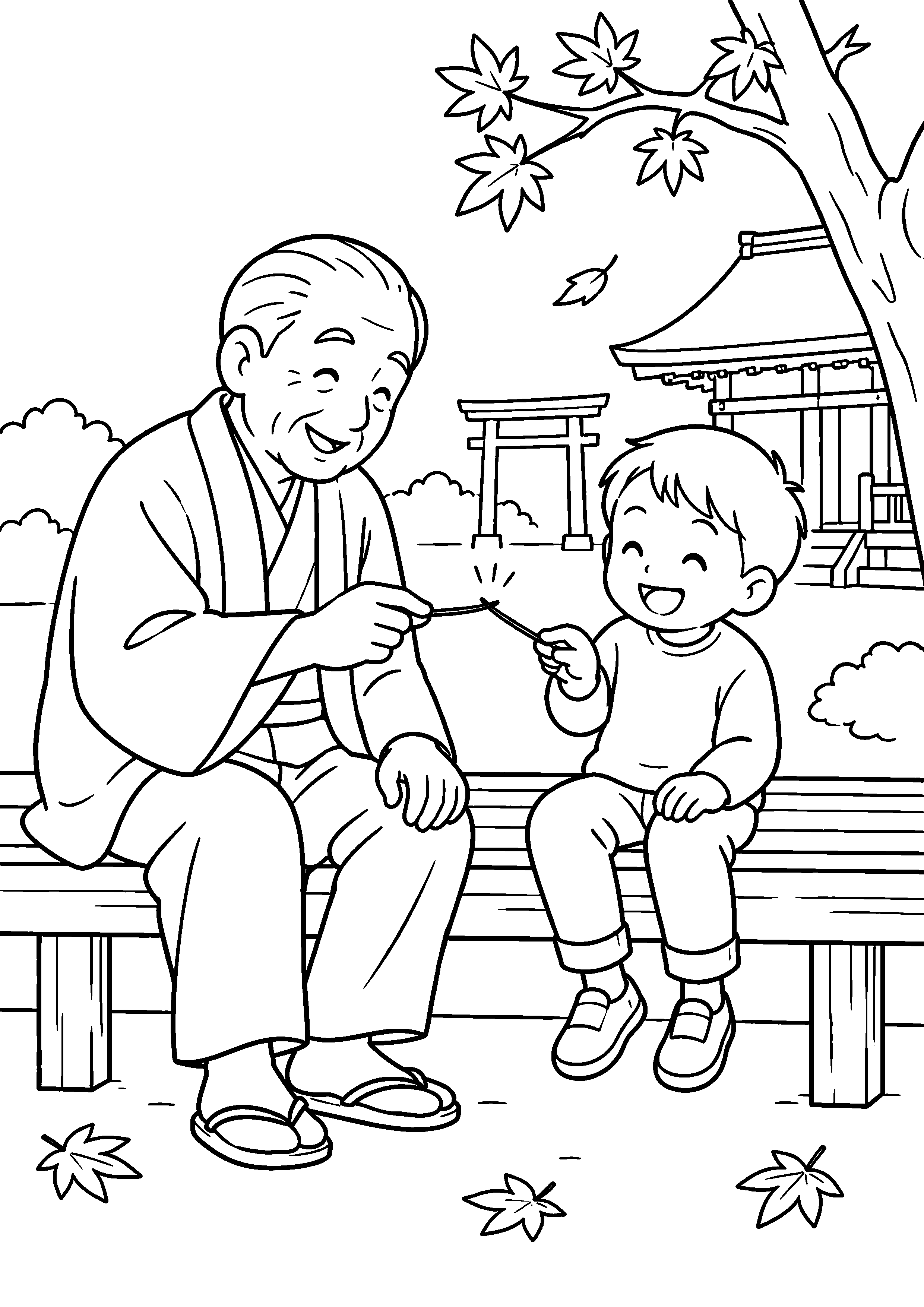 秋の神社の縁台で、祖父と子どもが二本の松葉を引っかけて松葉相撲をしている様子を、太く見やすい黒線で描いた高齢者向け塗り絵
