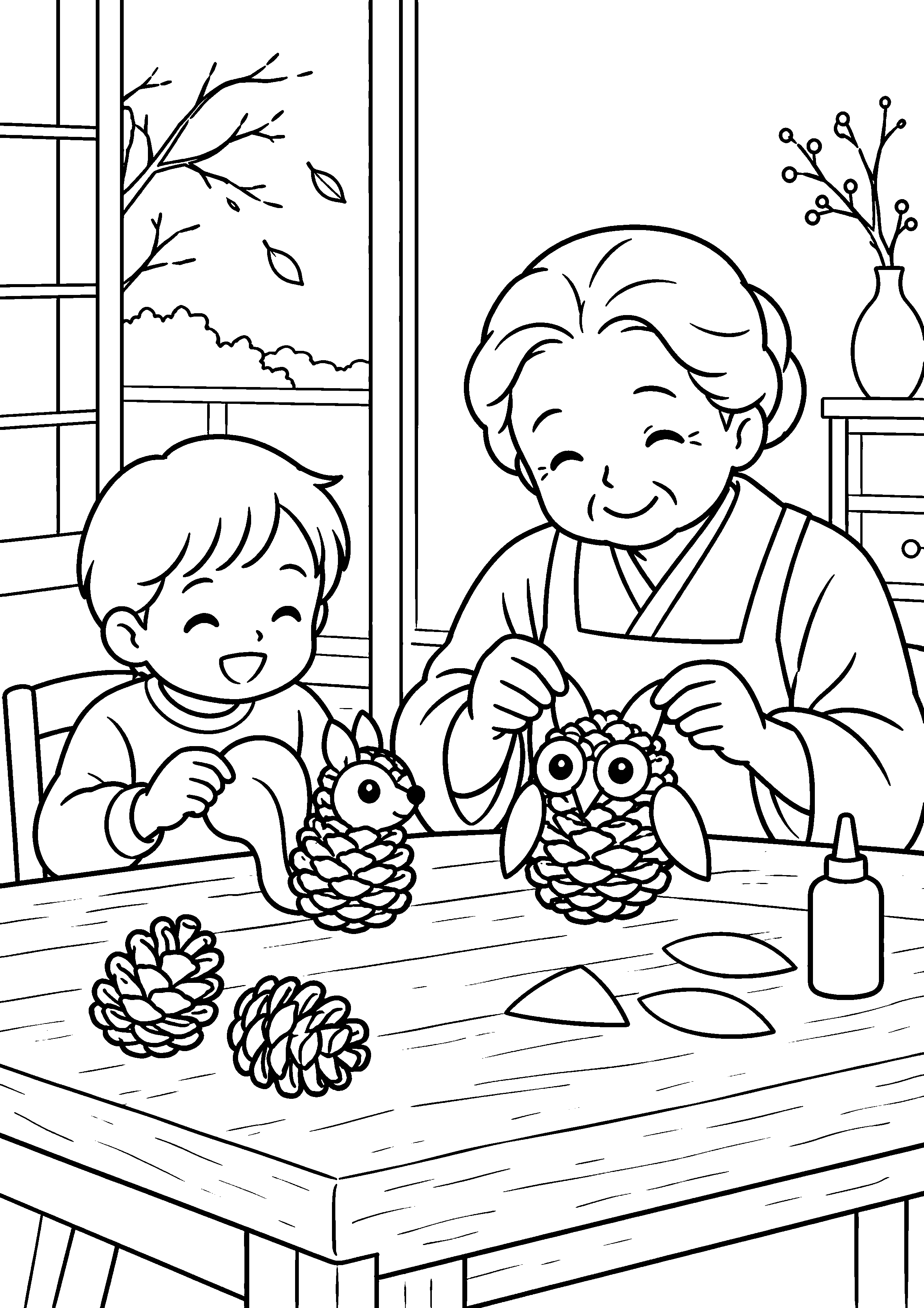 昭和の木の机で、子どもと祖母が松ぼっくりに紙の耳をつけて、りすとふくろうを作っている様子を、太く見やすい黒線で描いた高齢者向け塗り絵