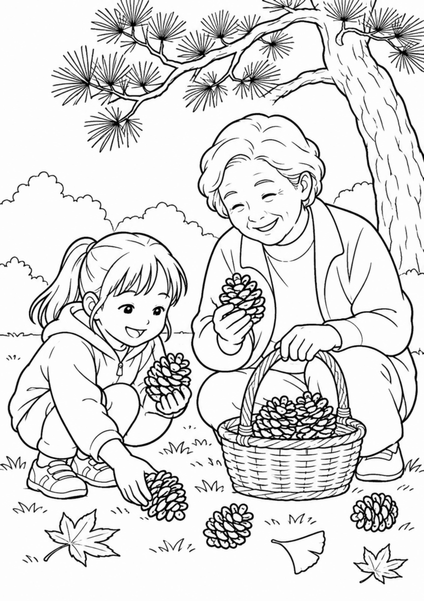 松のある公園で、祖母と孫が形のよい大きな松ぼっくりを拾い、かごに入れている様子を、太く見やすい黒線で描いた高齢者向け塗り絵