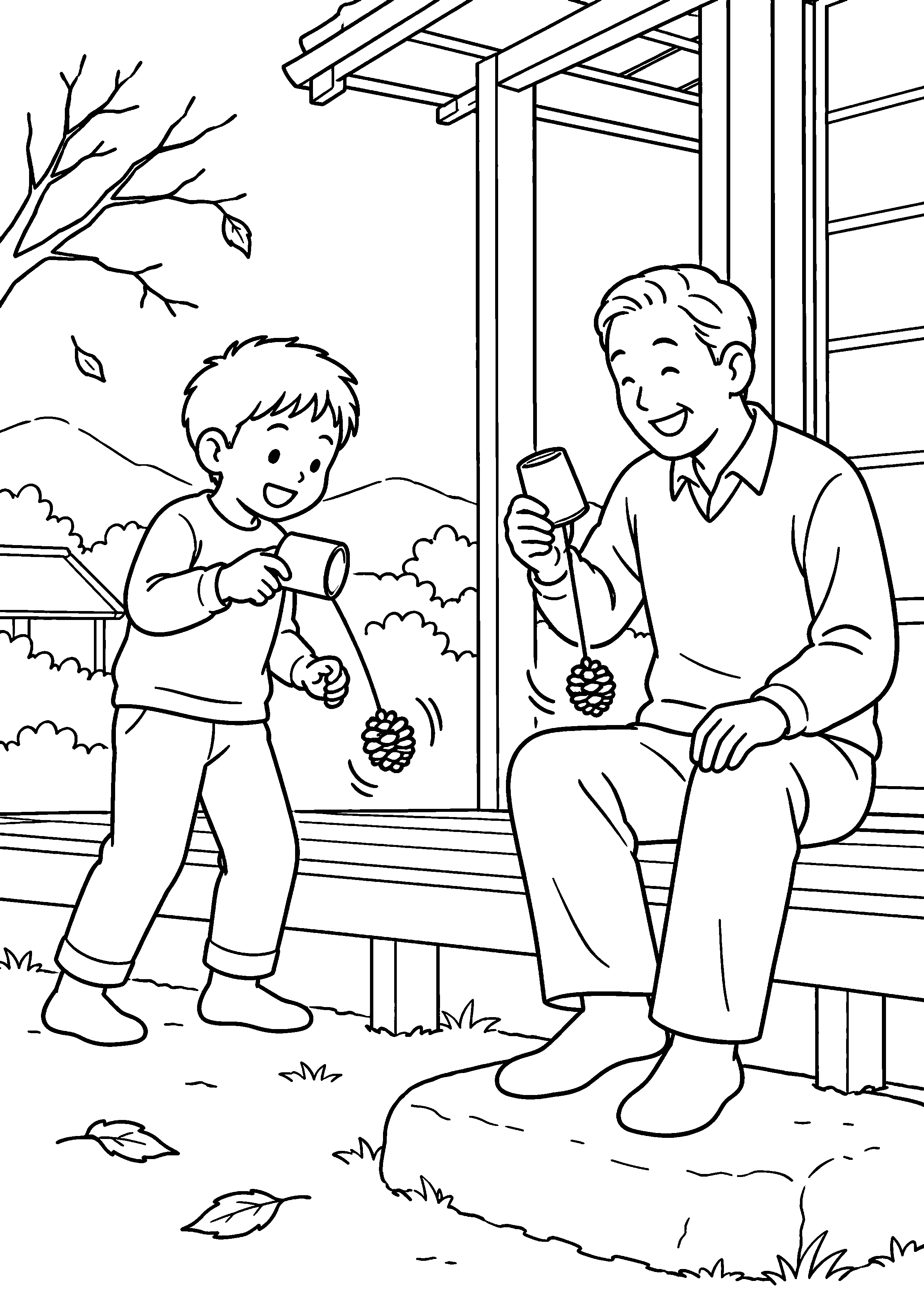 昭和の縁側で、父親と子どもが紙コップとひもと松ぼっくりで作ったけん玉を楽しんでいる様子を、太く見やすい黒線で描いた高齢者向け塗り絵