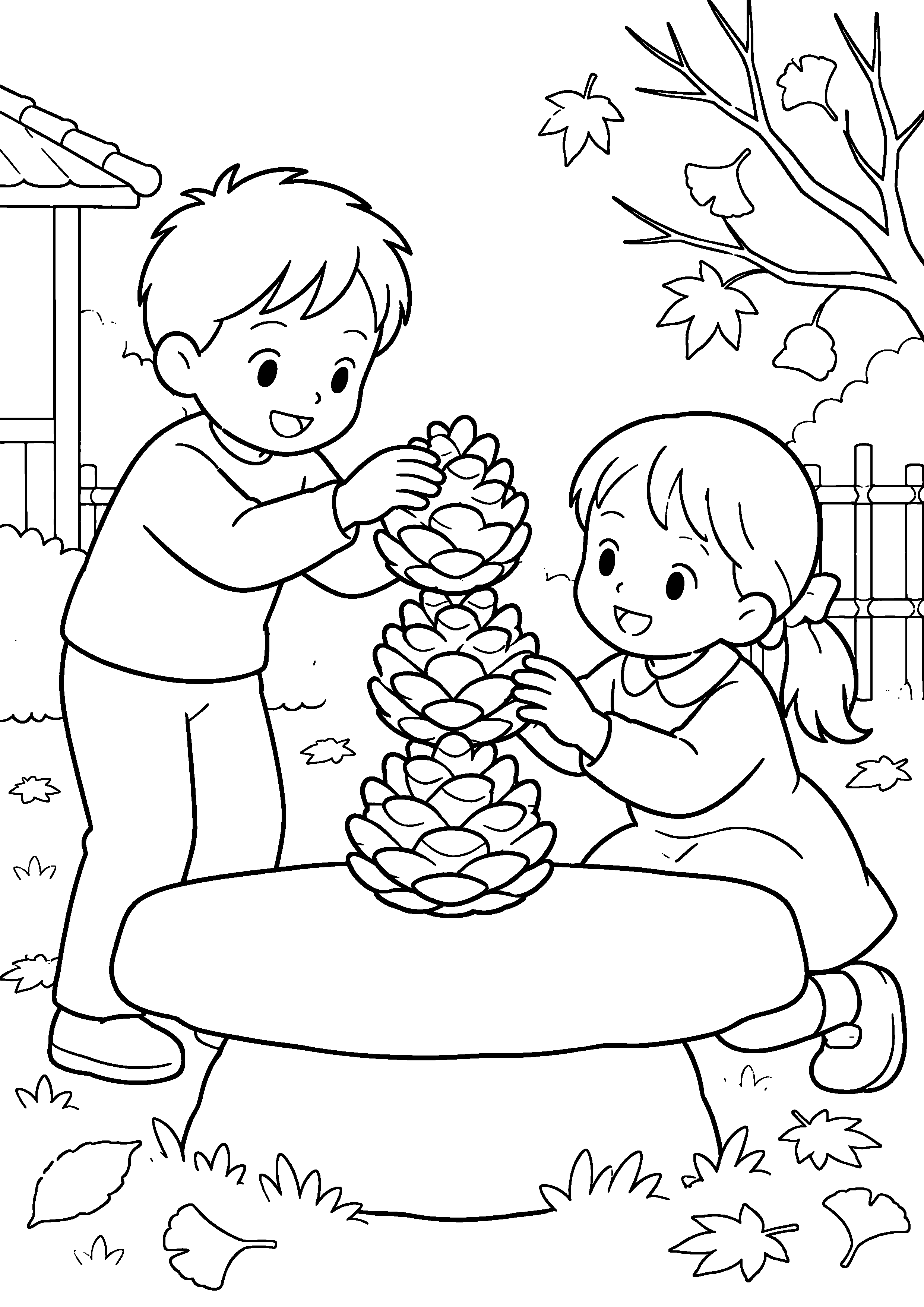 晩秋の庭の台で、兄妹が大きな松ぼっくりを三段に積み、崩れない塔を作っている様子を、太く見やすい黒線で描いた高齢者向け塗り絵