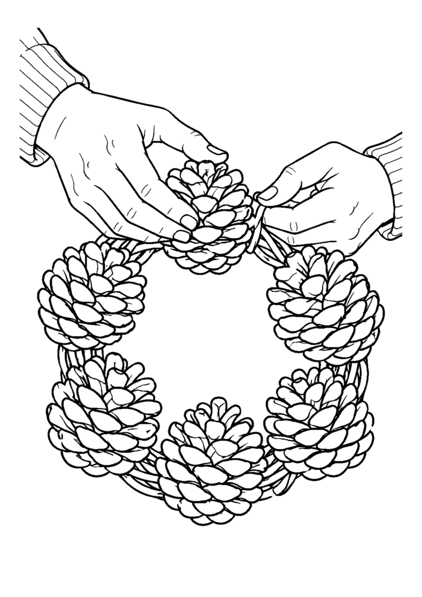 大きな松ぼっくり6個を輪に固定する手元。白黒の高齢者向け塗り絵