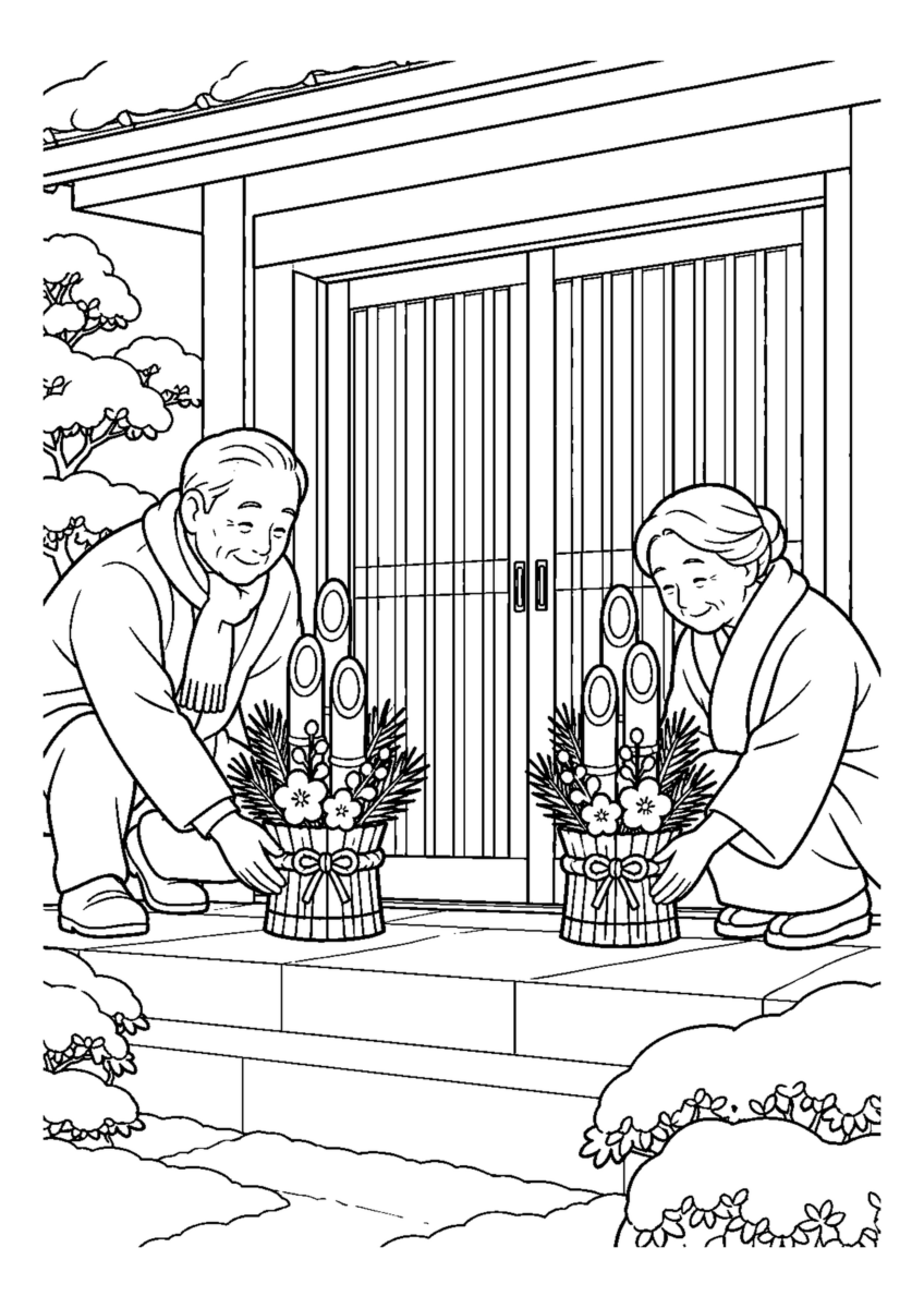 小ぶりな門松一対を玄関へ置く2人。白黒の高齢者向け塗り絵
