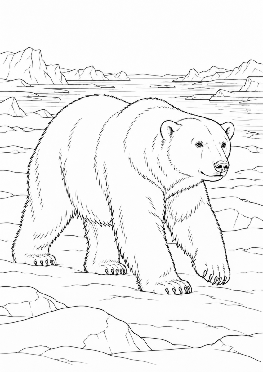 雪原のホッキョクグマを描いた高齢者向けの白黒線画塗り絵