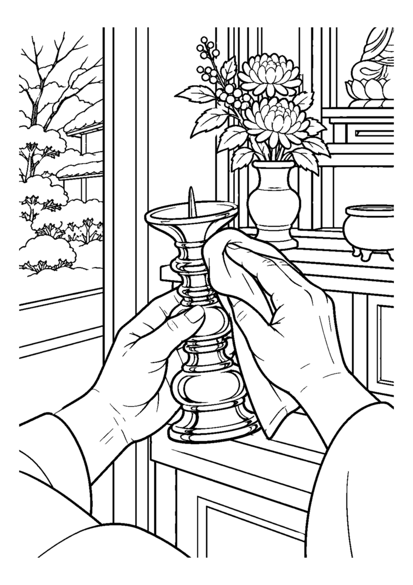 仏具を布で丁寧に磨く手元。白黒の高齢者向け塗り絵
