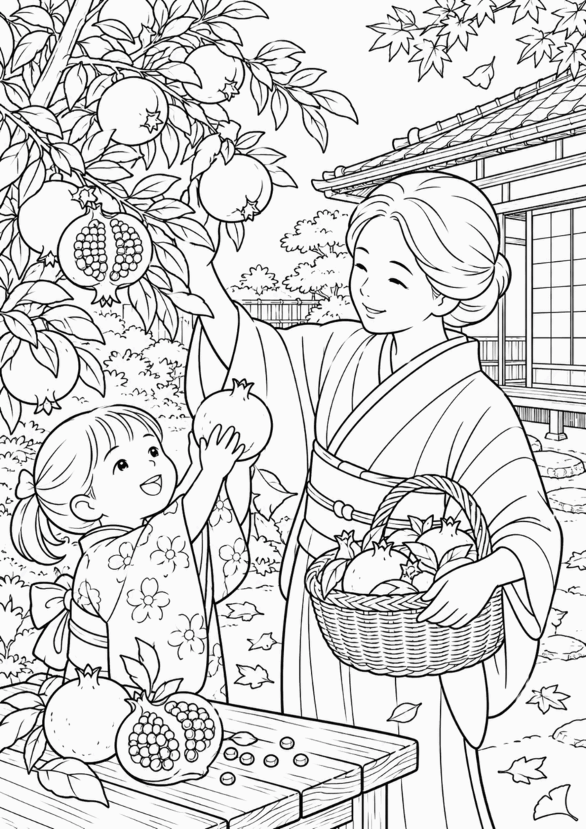 【１０月】ざくろの収穫の塗り絵