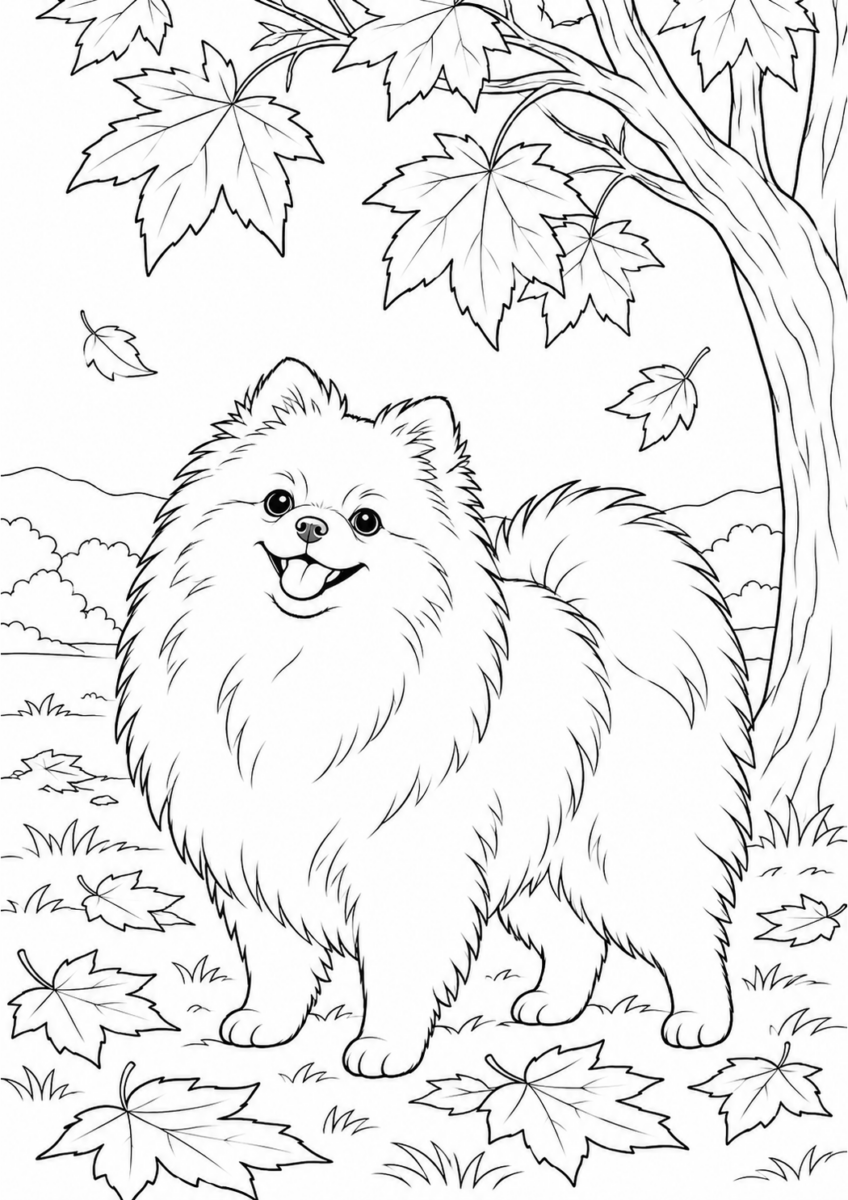 紅葉の下のポメラニアンを描いた高齢者向けの白黒線画塗り絵
