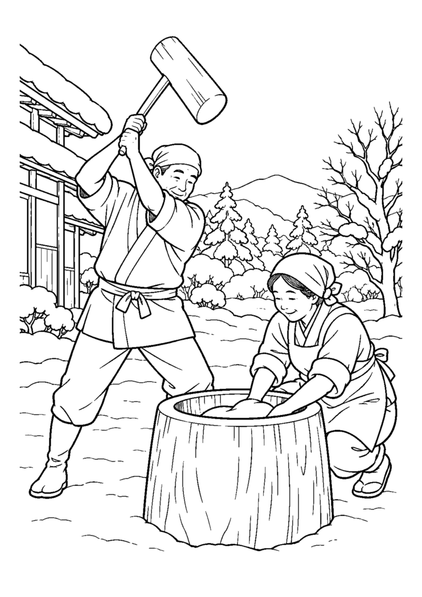 臼の餅へ杵を振り下ろす人物1人と返し手1人。白黒の高齢者向け塗り絵