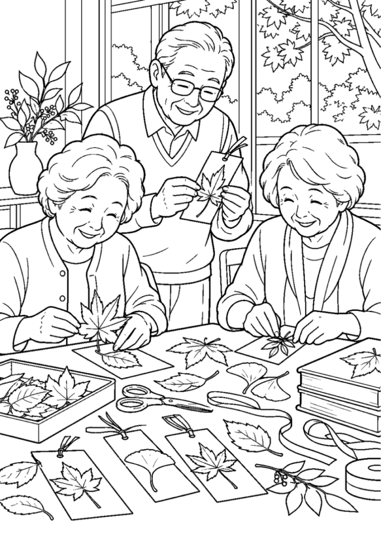 落ち葉でしおり作りを10月の場面として描いた高齢者向けの白黒線画塗り絵
