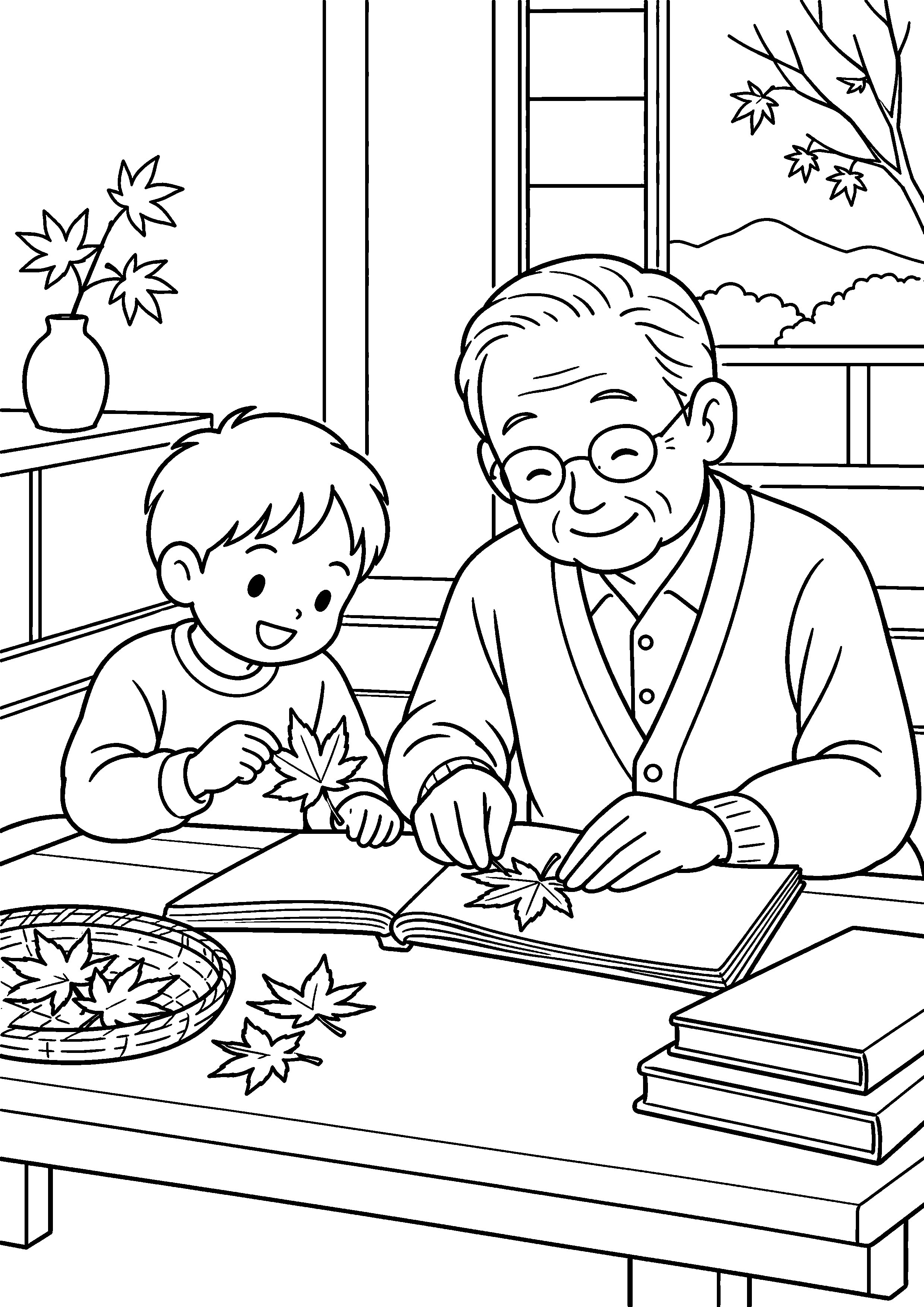 昭和の居間で、子どもと祖父が古い本の間にもみじの葉を丁寧にはさんでいる様子を、太く見やすい黒線で描いた高齢者向け塗り絵