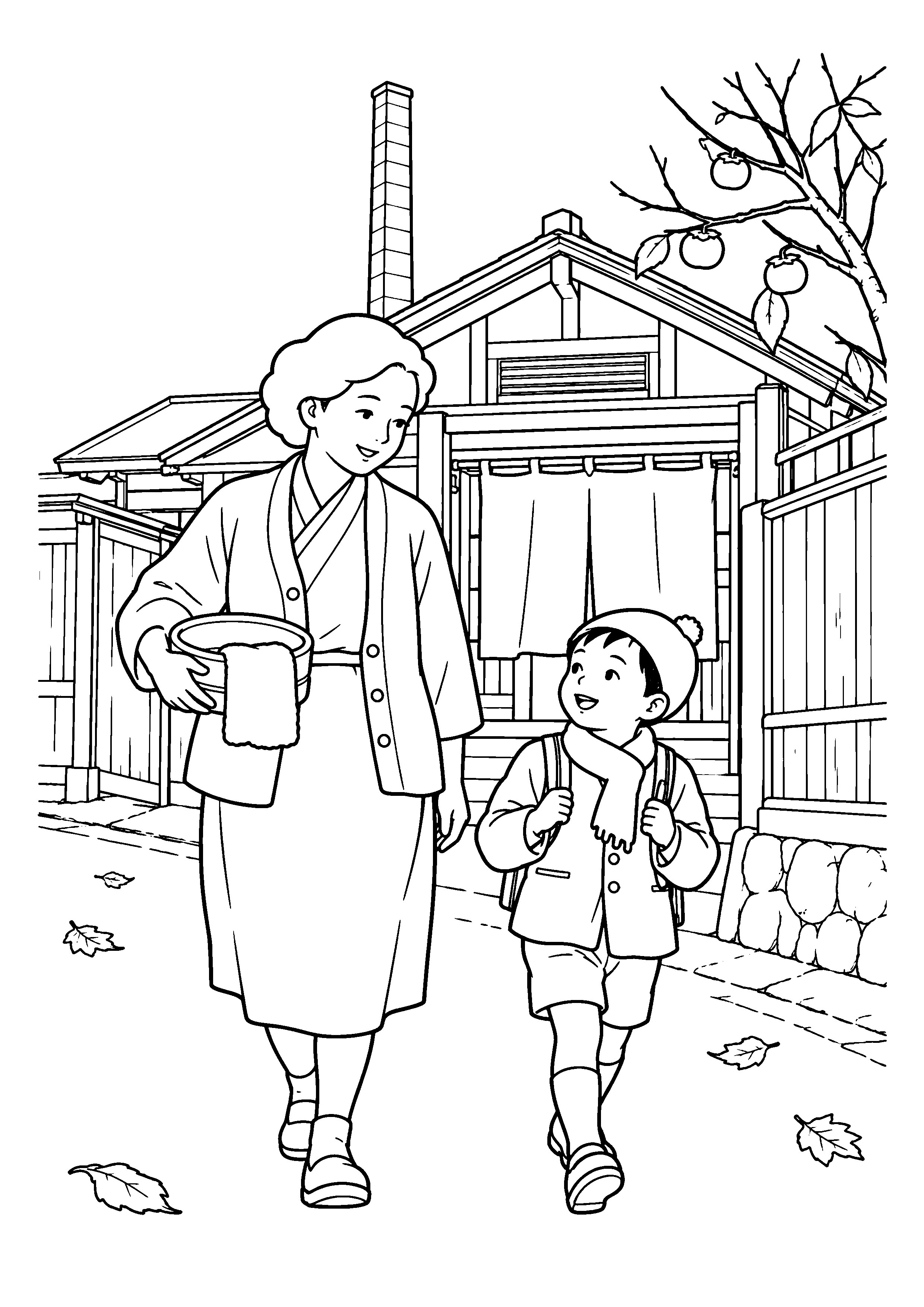 昭和２０年代後半の１１月をイメージした銭湯帰りの親子の白黒塗り絵